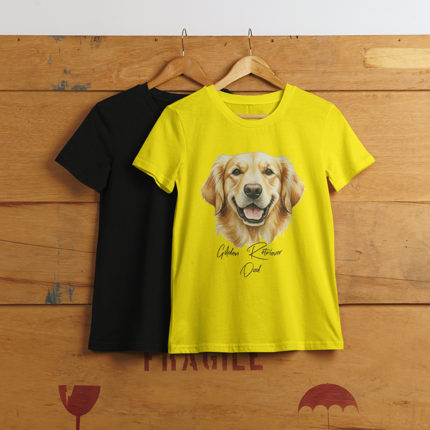Black and yellow t-shirts with a dog illustration on a wooden background