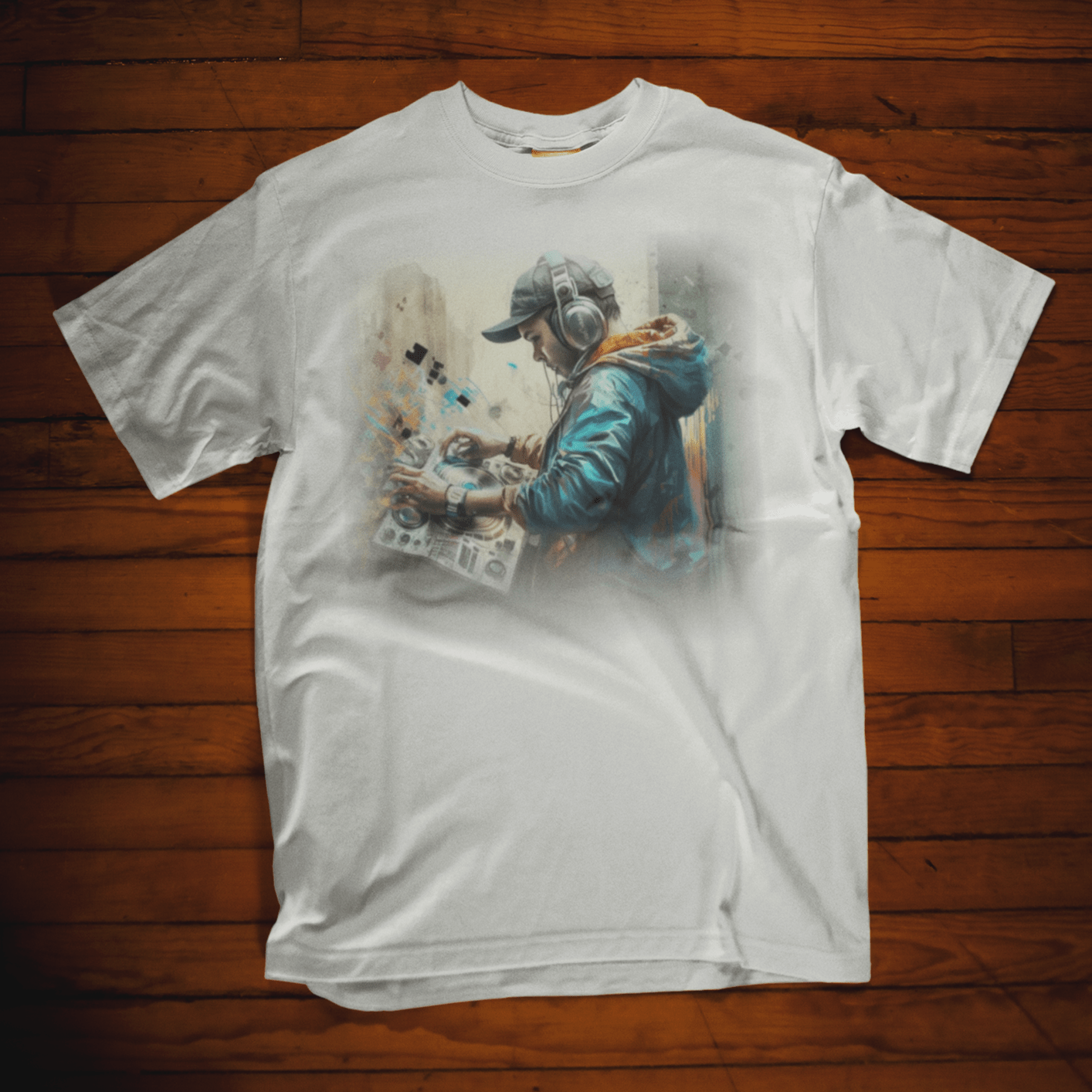 T-shirt featuring a graphic image of a DJ.