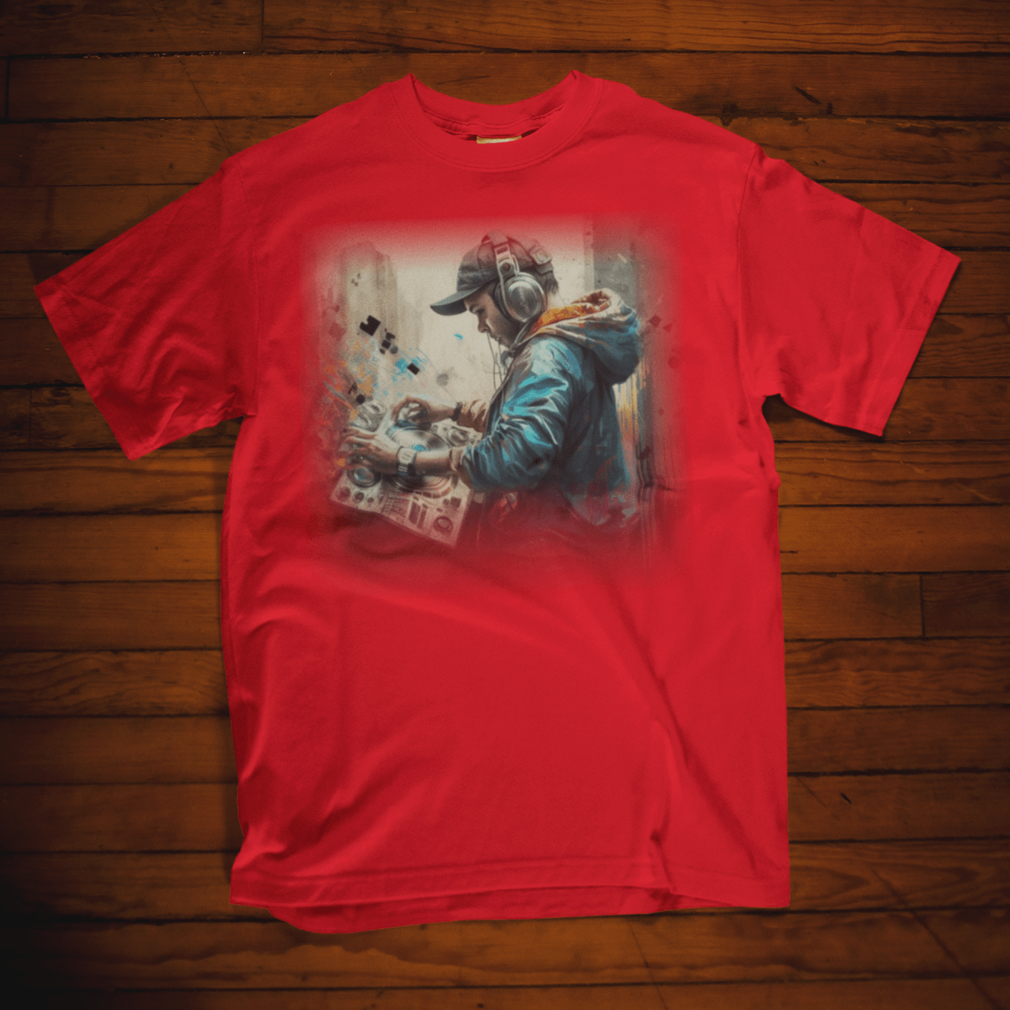 T-shirt featuring a graphic image of a DJ.