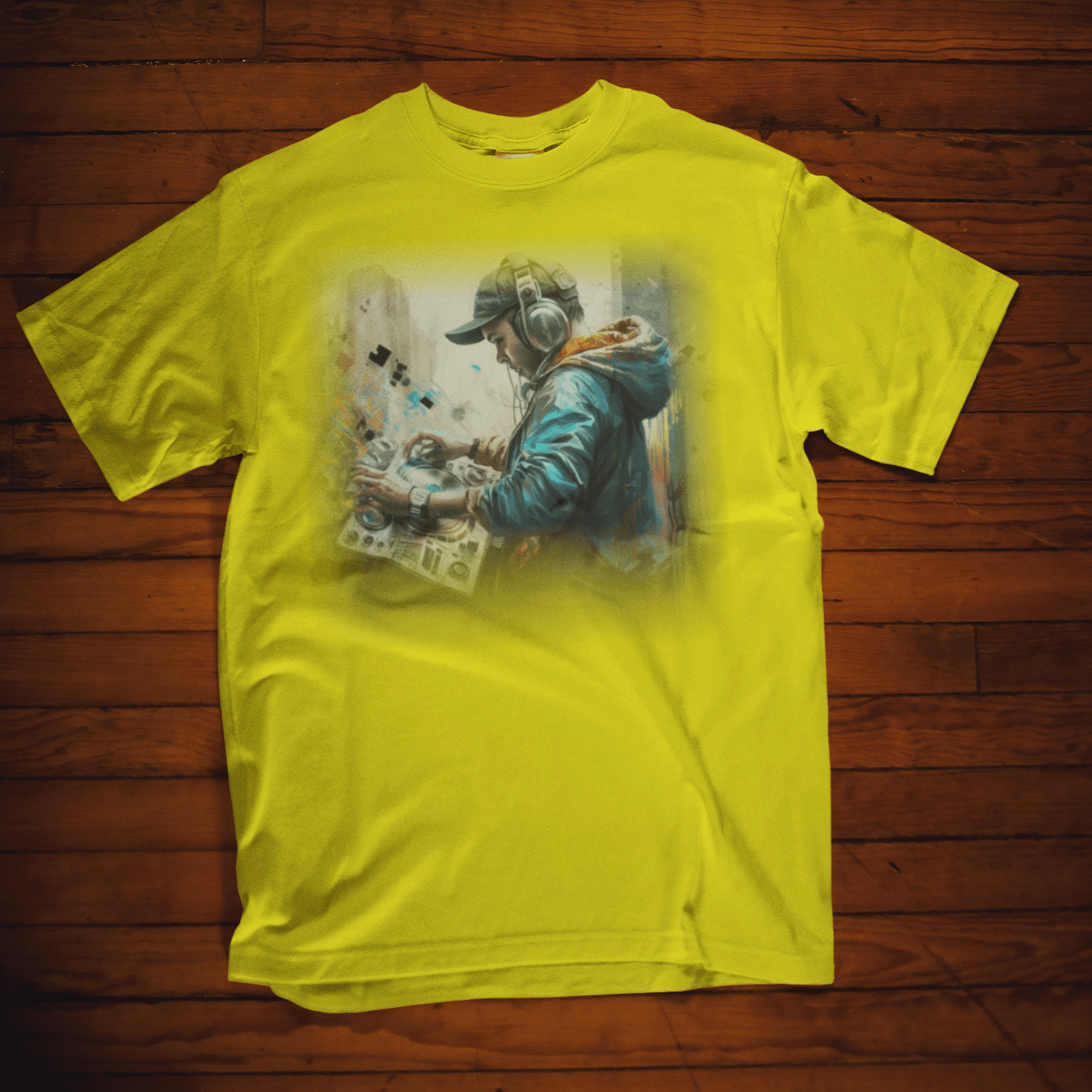 T-shirt featuring a graphic image of a DJ.