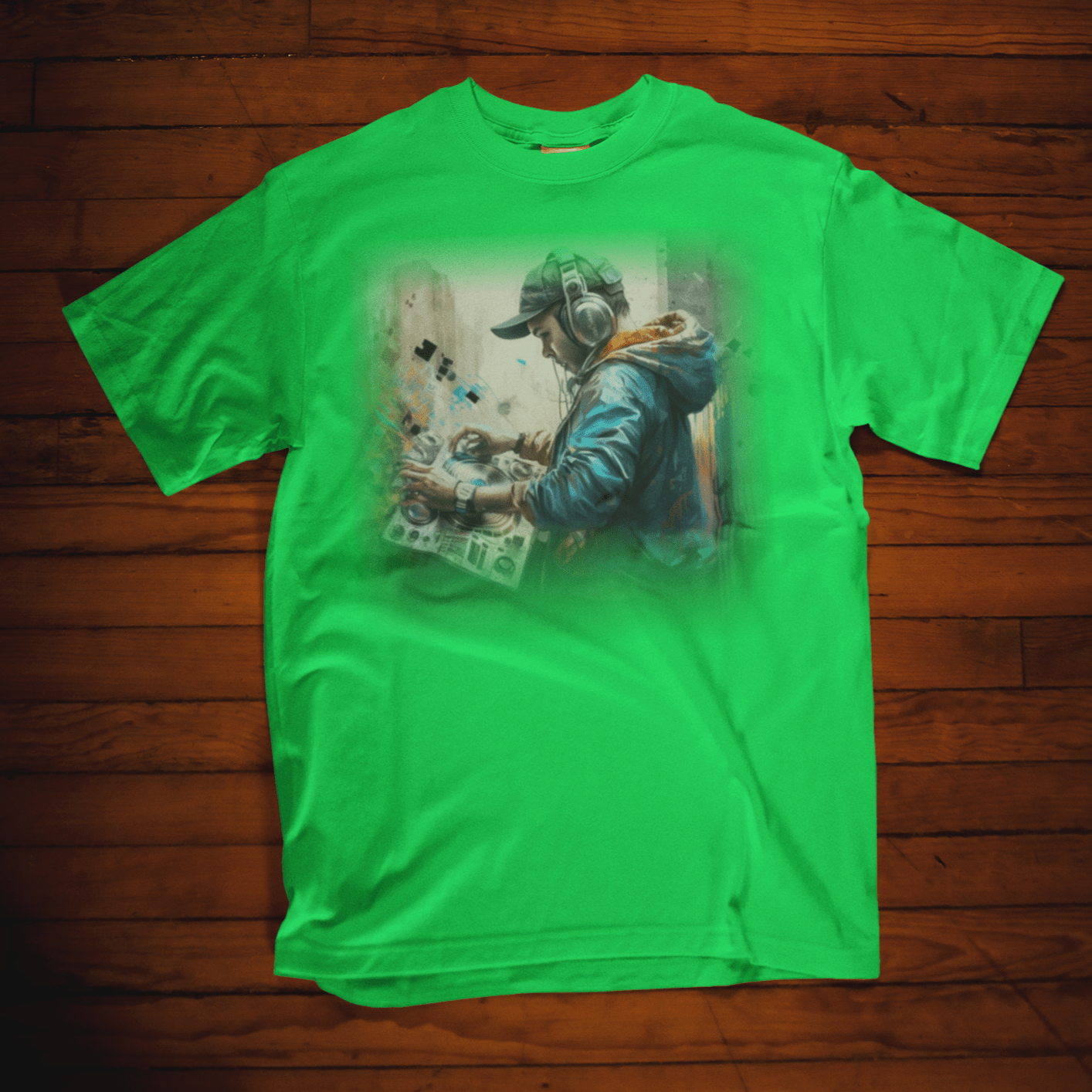 T-shirt featuring a graphic image of a DJ.