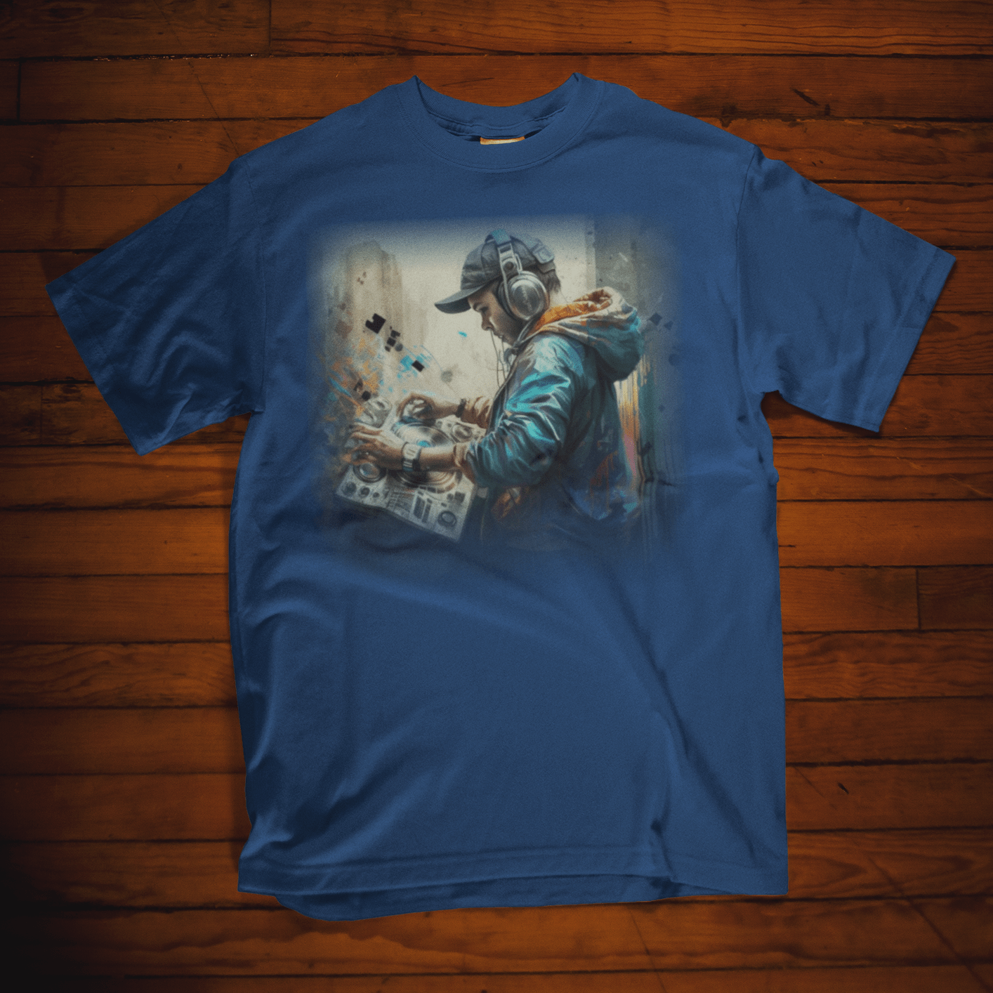 T-shirt featuring a graphic image of a DJ.