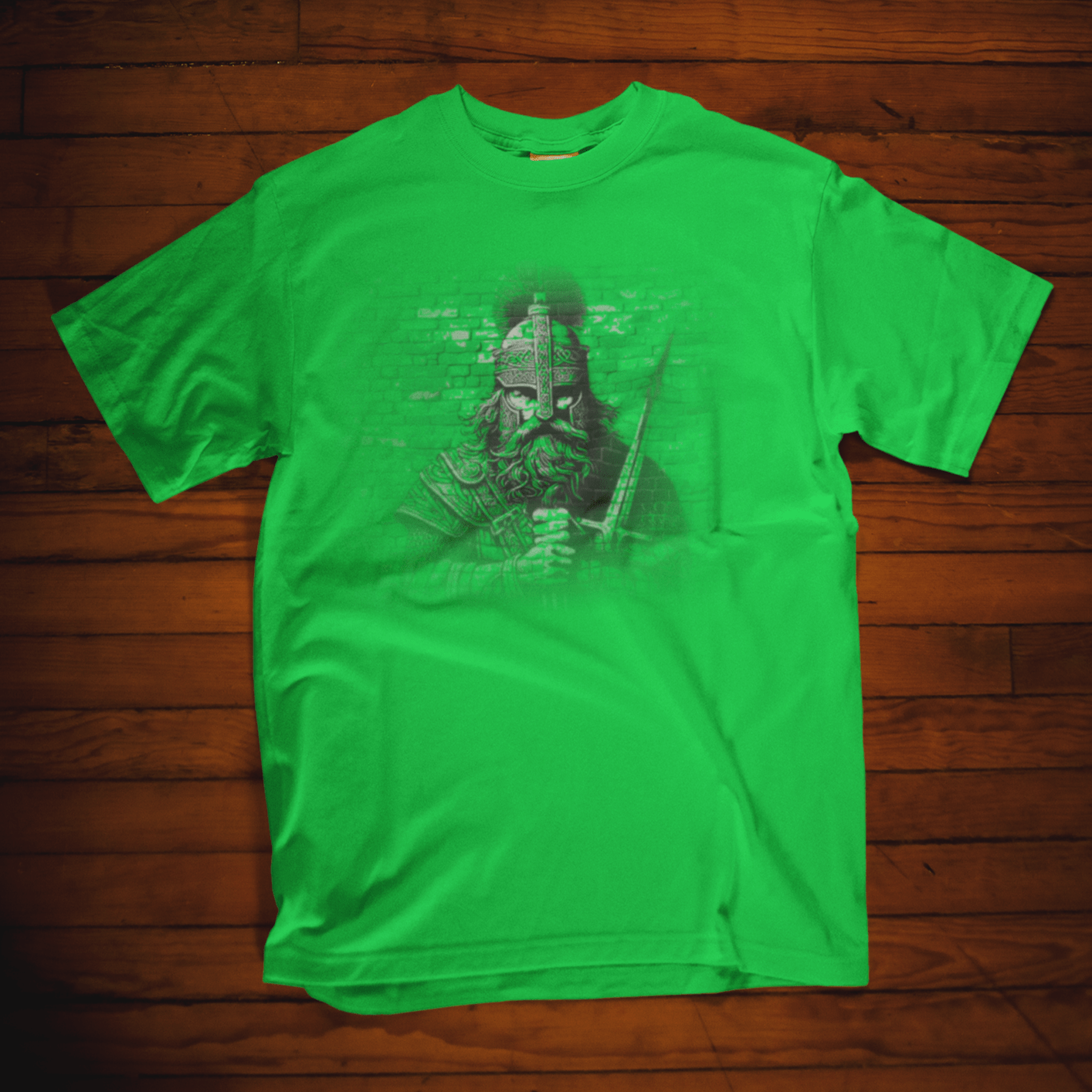 Graphic T-shirt depicting a Celtic warrior in traditional attire, wielding weapons and standing proudly against a dramatic backdrop.