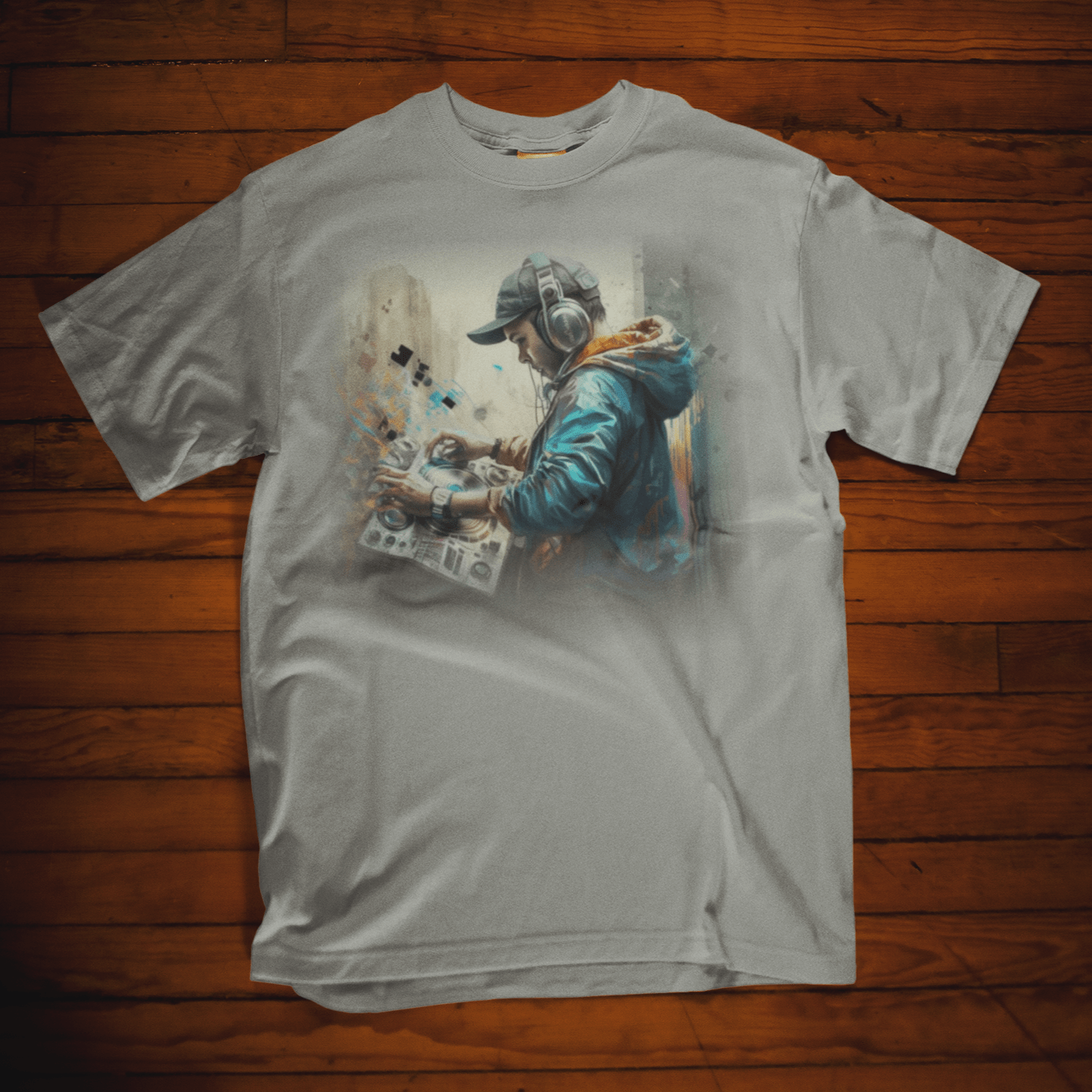 T-shirt featuring a graphic image of a DJ.