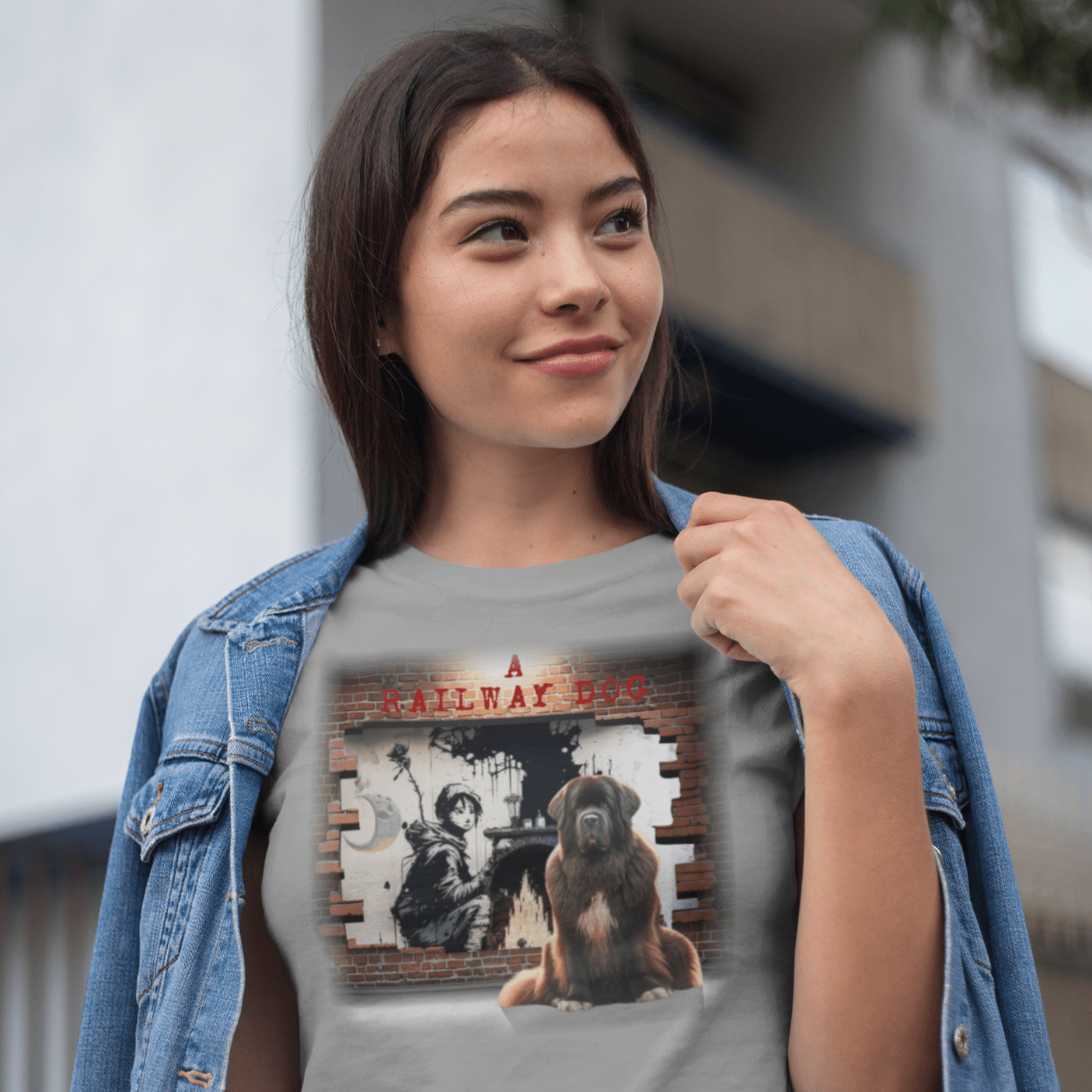 T-shirt with a graphic image of a Newfoundland dog.