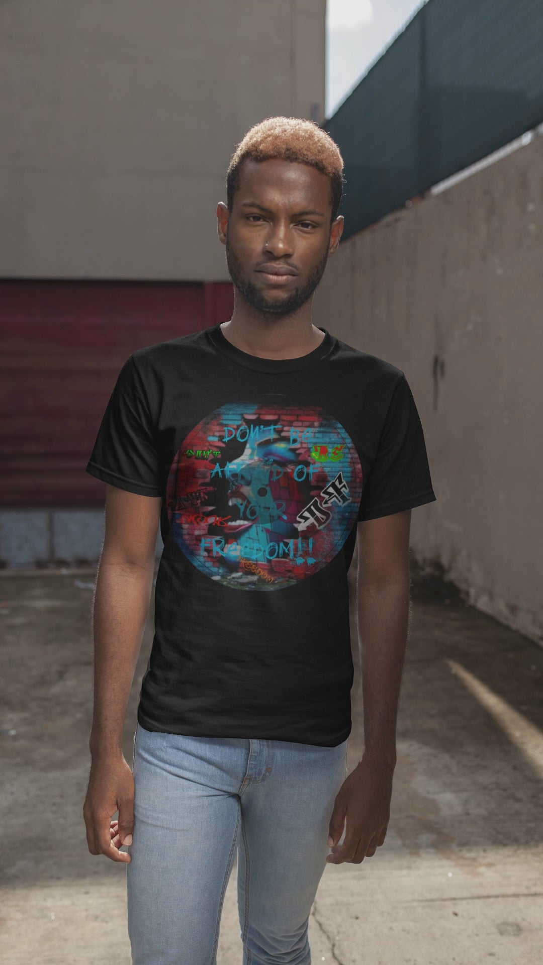 Graphic tee promoting artistic expression and freedom.