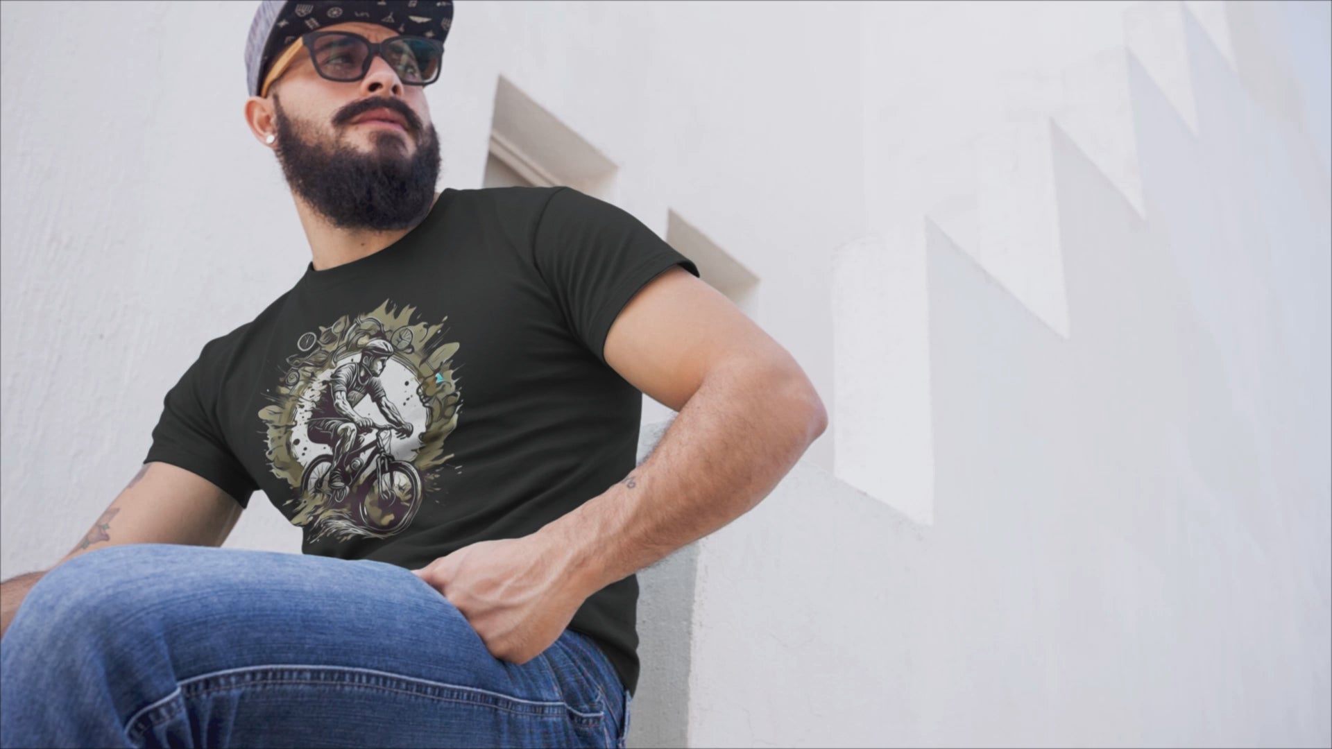 T-shirt with a graphic image of a mountain bike.