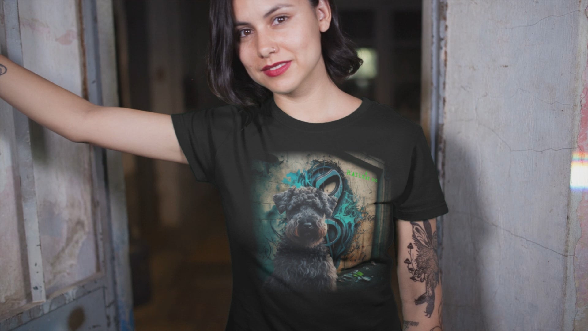 T-shirt with a graphic design featuring a Kerry Blue Terrier dog