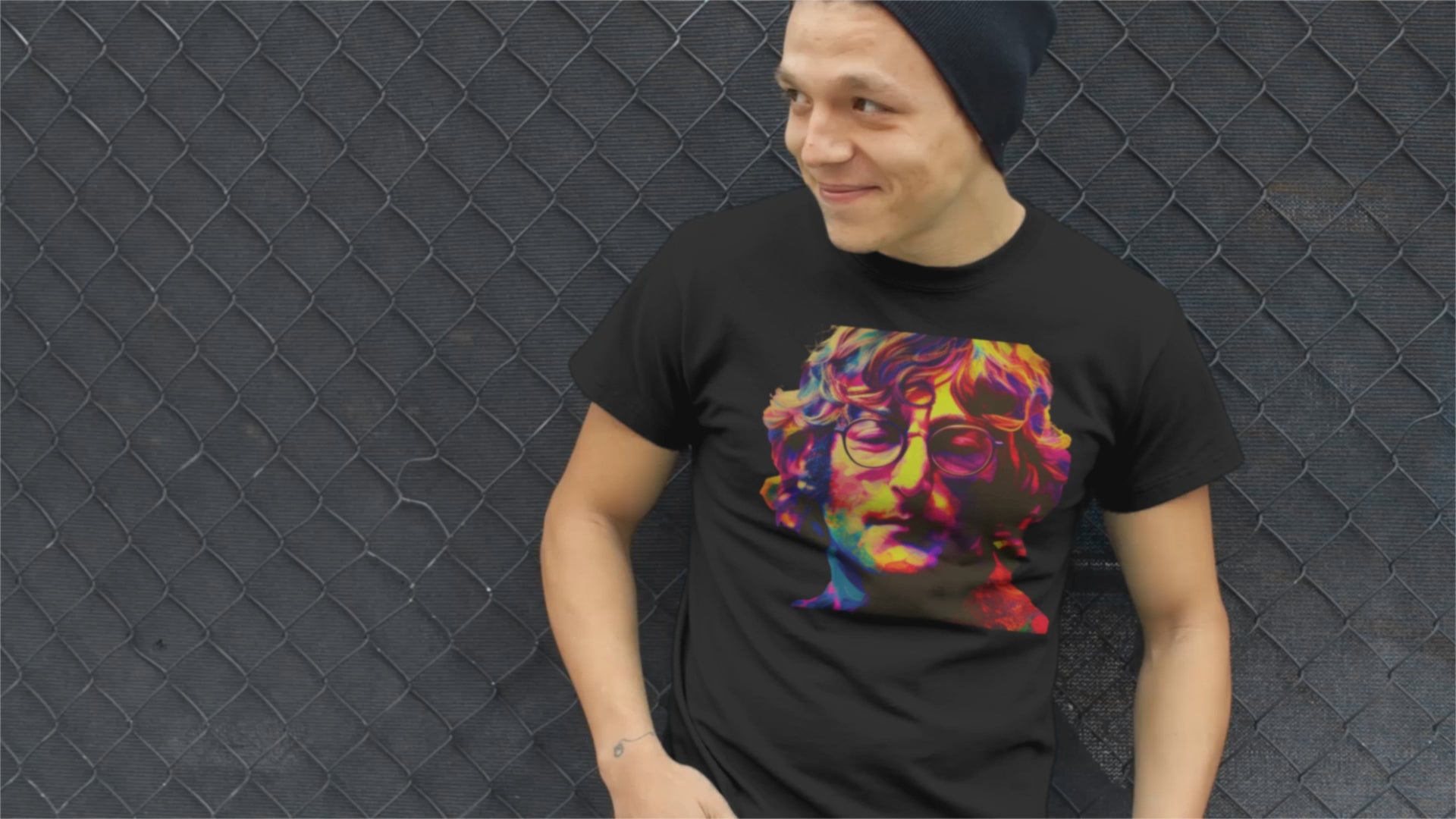 T-shirt with a portrait of John Lennon, a member of The Beatles.