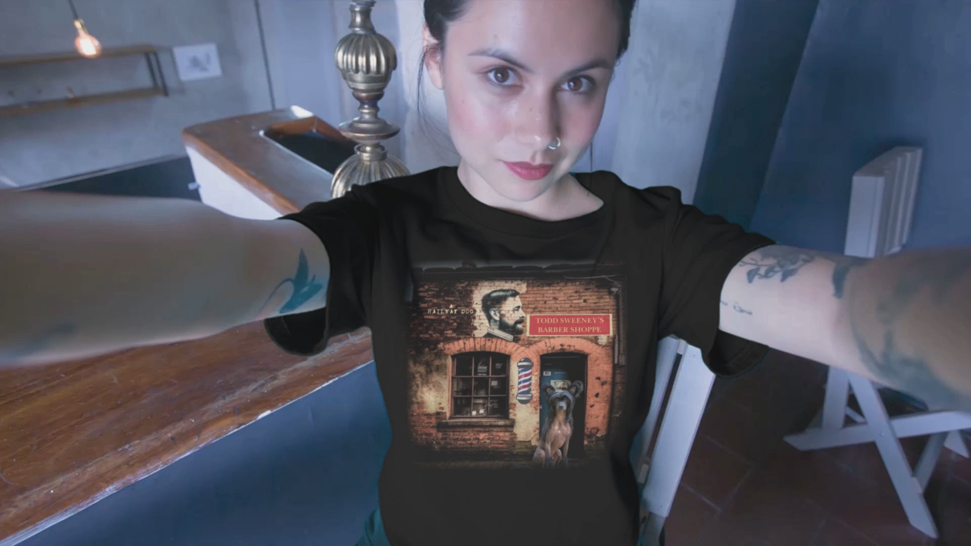 T-shirt with a graphic image of a Chinese Crested dog