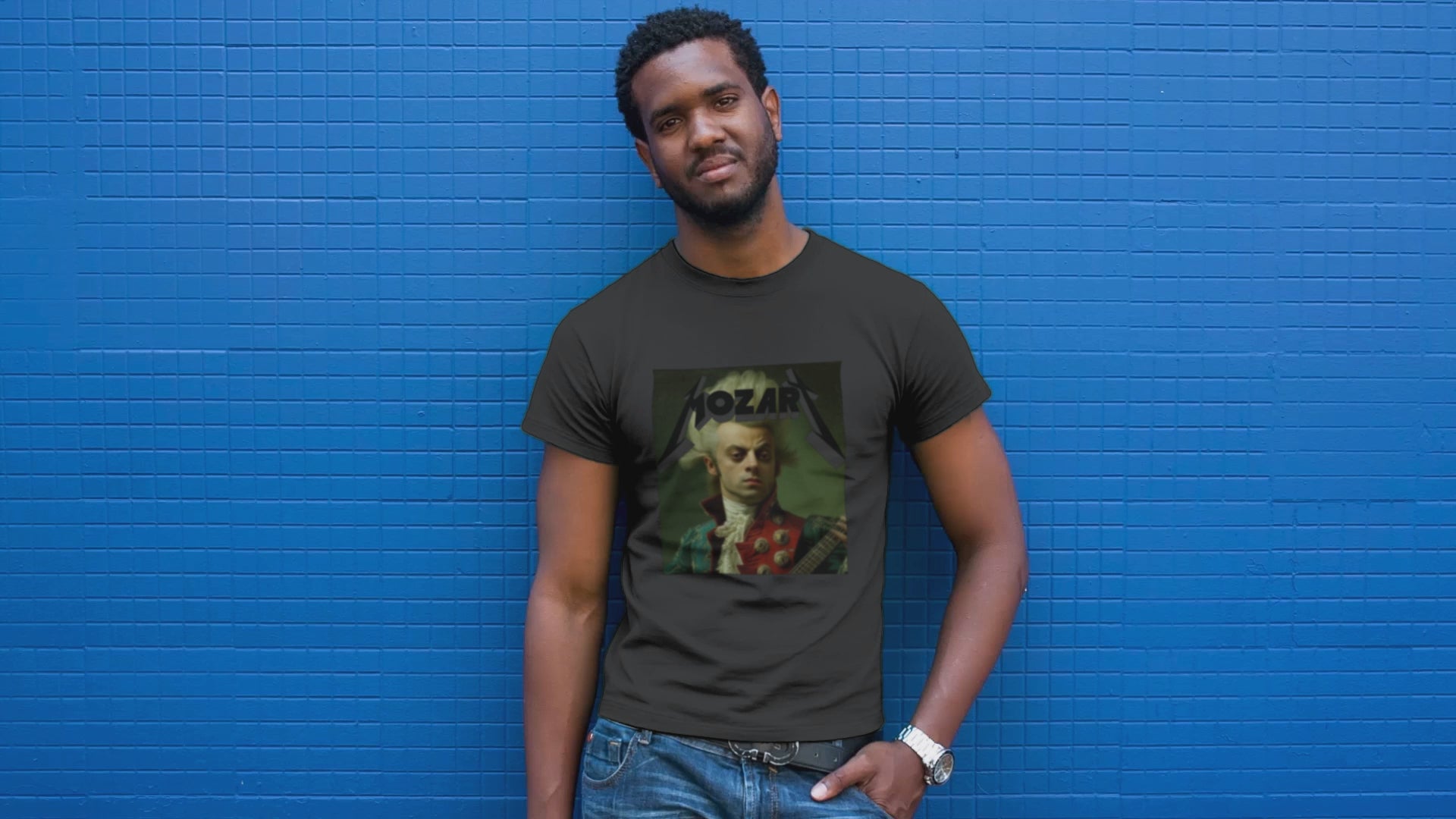 T-shirt featuring a portrait of Wolfgang Amadeus Mozart in a metal music style