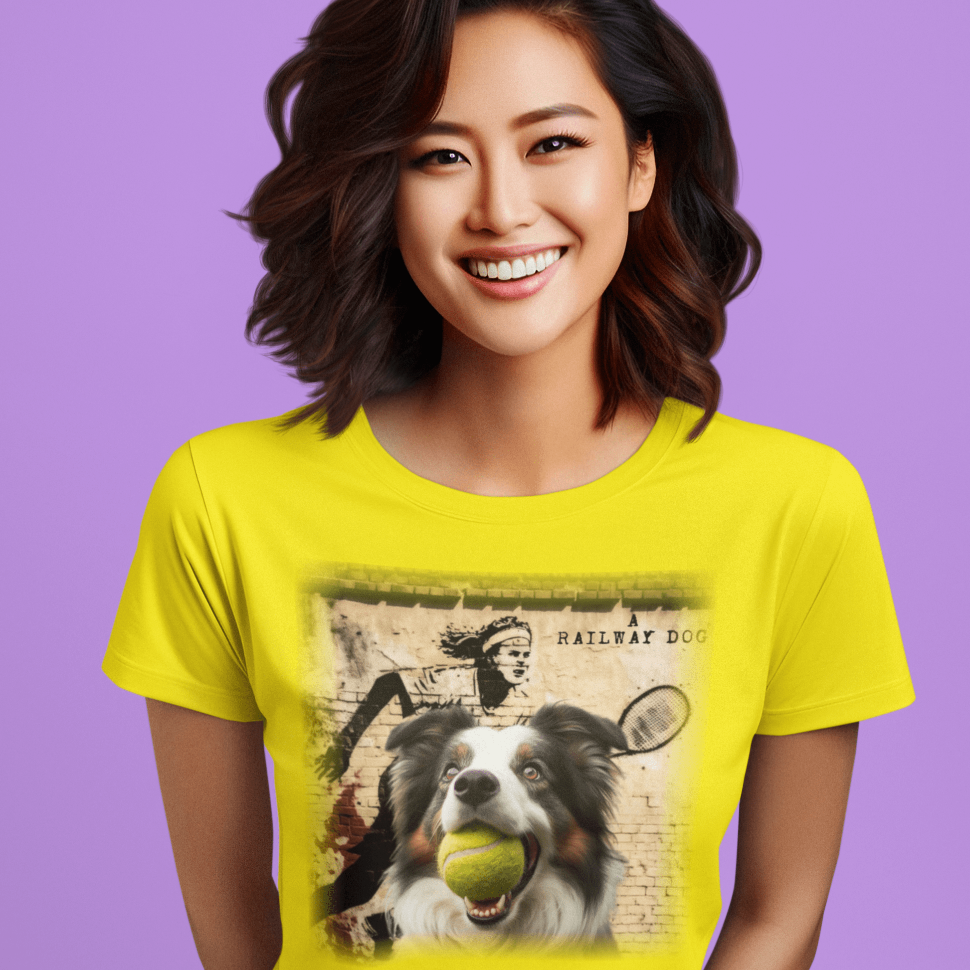 Image of a Border Collie dog with a distinctive black and white coat on a t-shirt