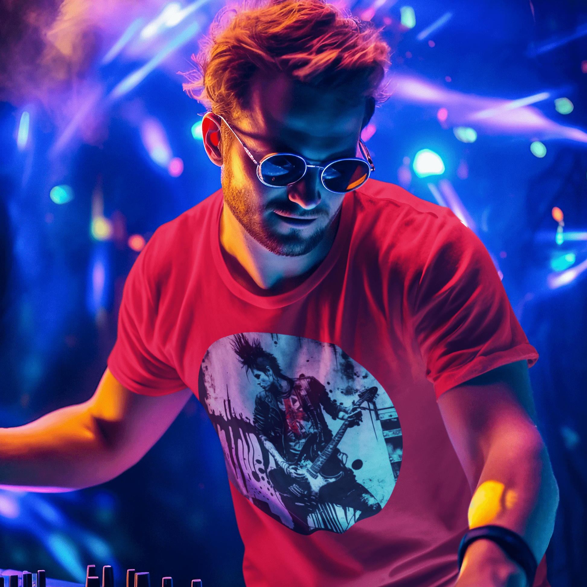 A graphic tee with an image of a punk rock guitarist shredding on stage