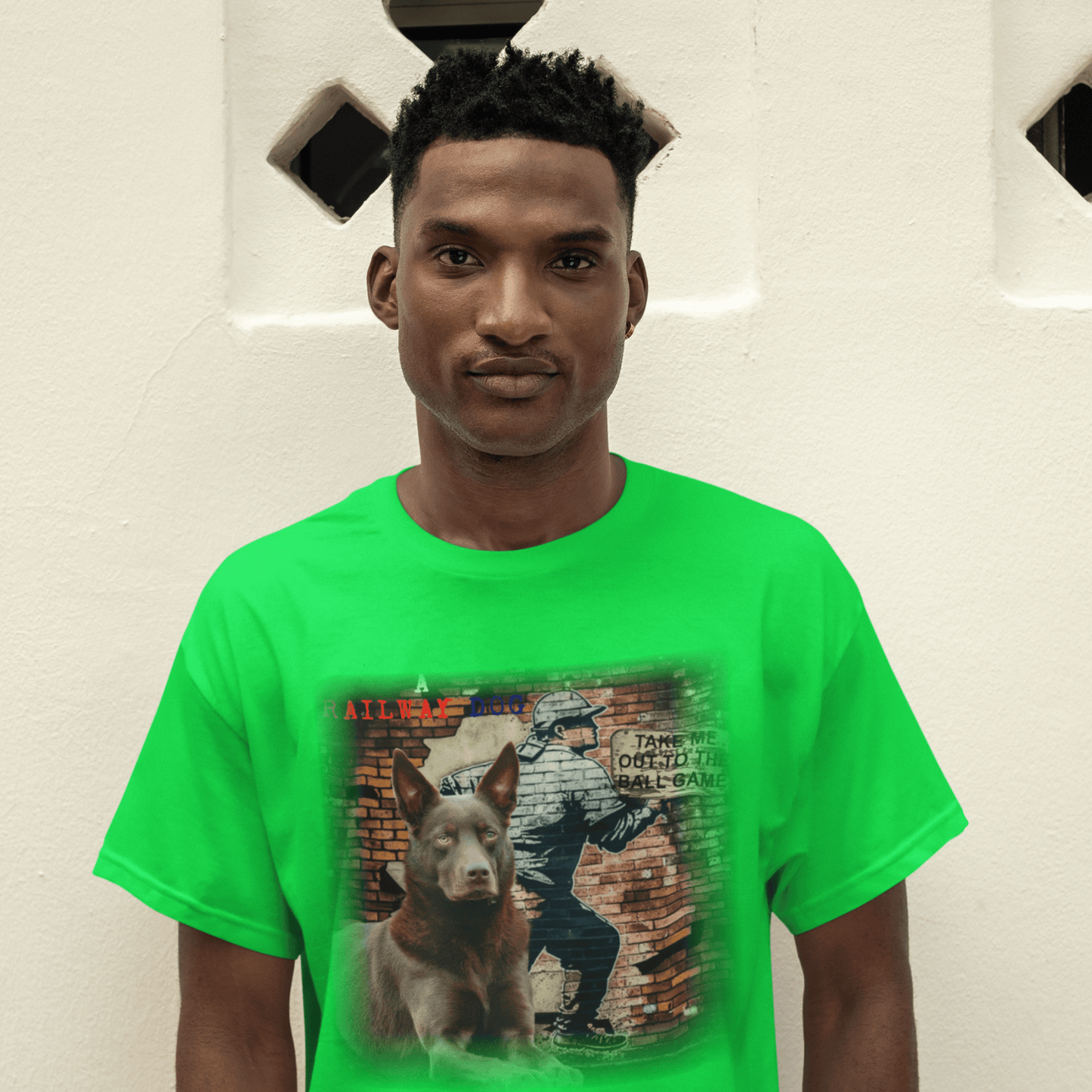 A baseball tee featuring a graphic image of a Kelpie dog.