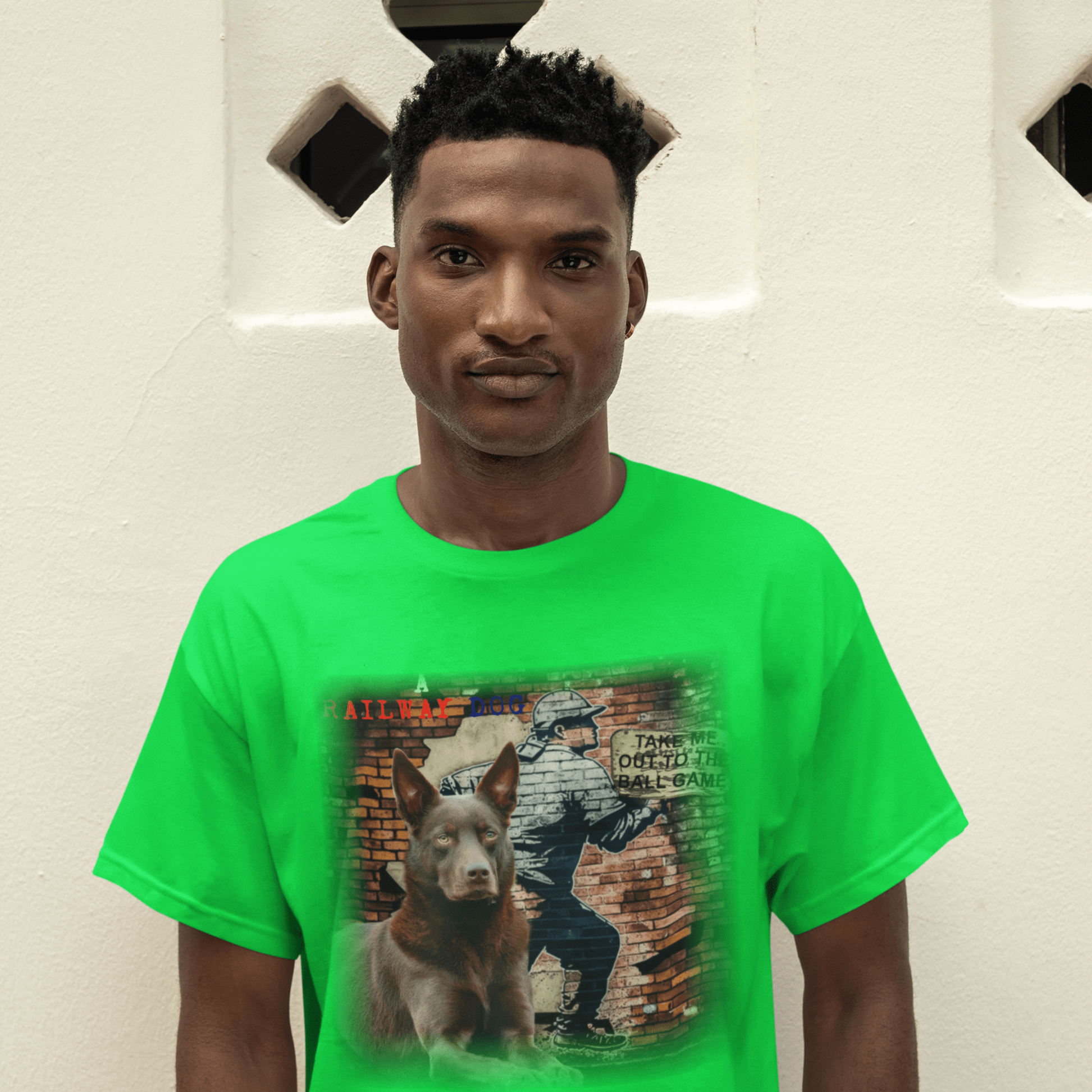 A baseball tee featuring a graphic image of a Kelpie dog.