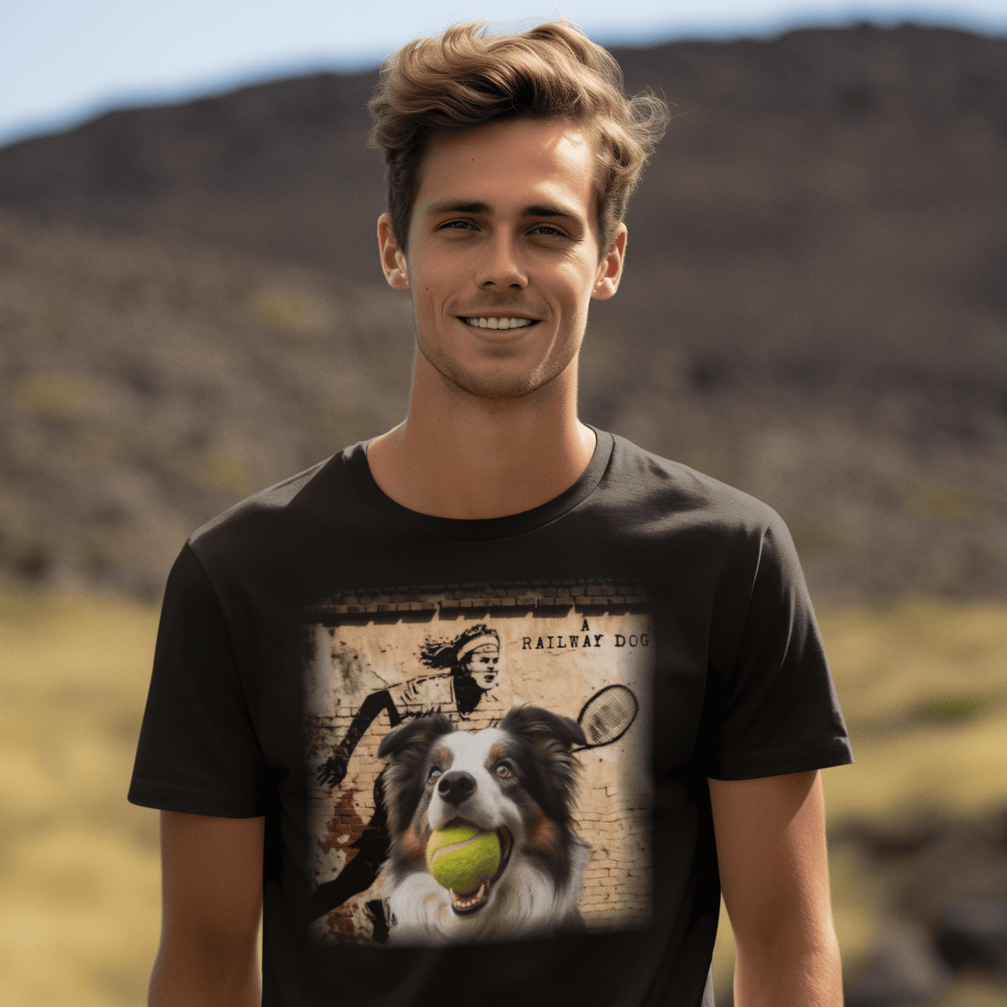 Image of a Border Collie dog with a distinctive black and white coat on a t-shirt