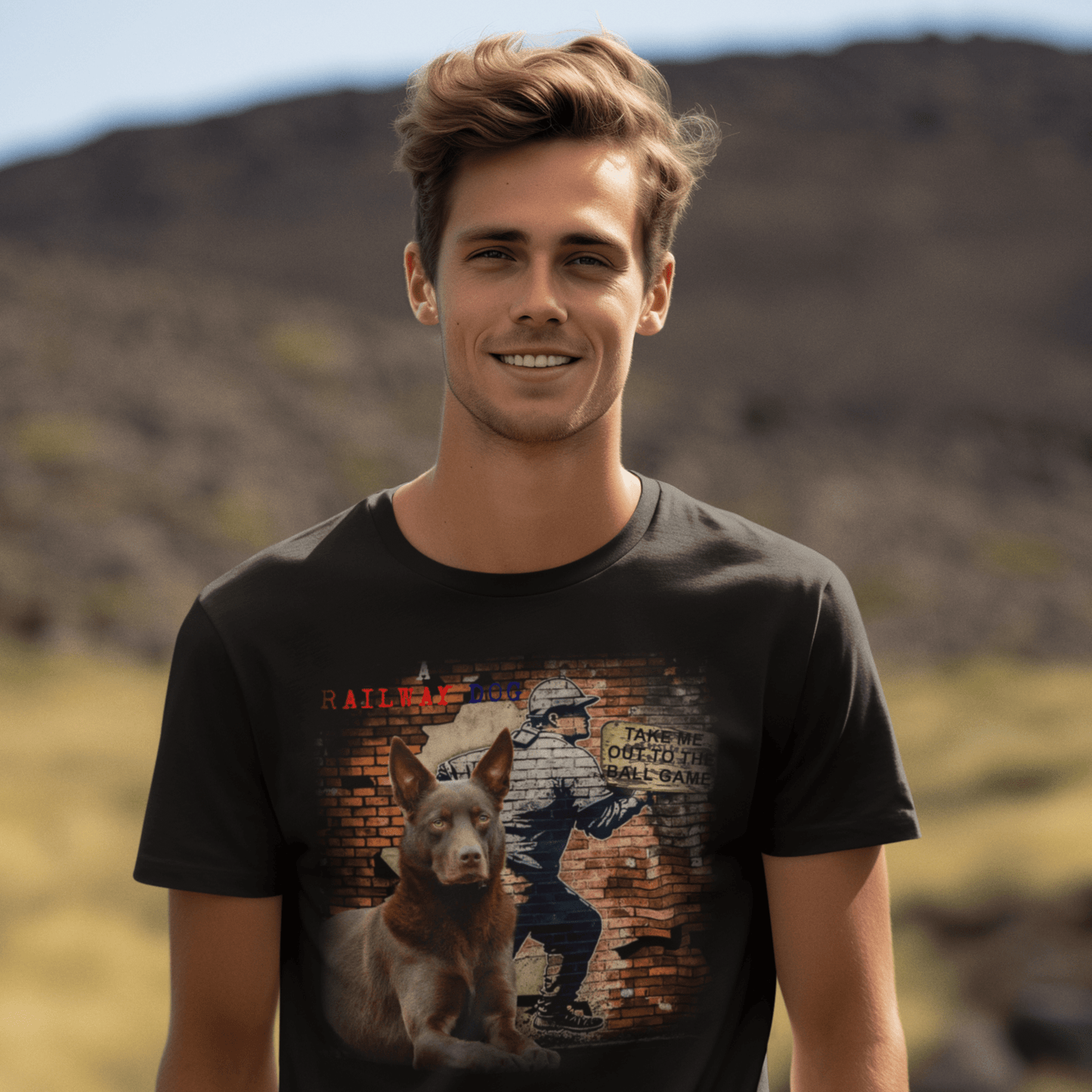 A baseball tee featuring a graphic image of a Kelpie dog.