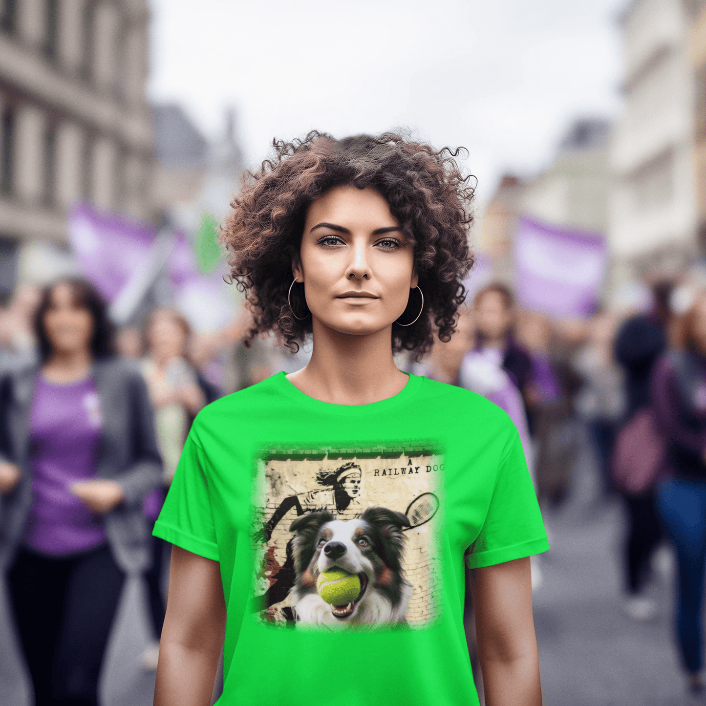 Image of a Border Collie dog with a distinctive black and white coat on a t-shirt