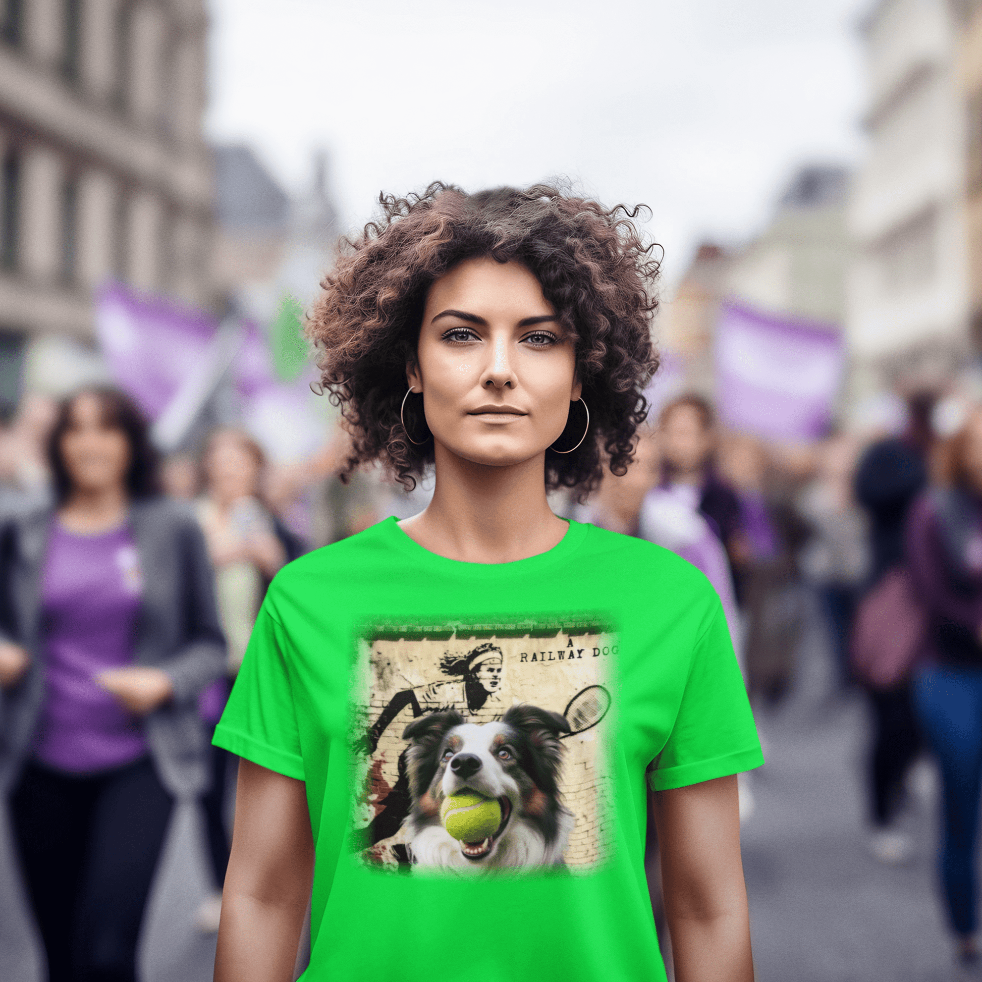Image of a Border Collie dog with a distinctive black and white coat on a t-shirt