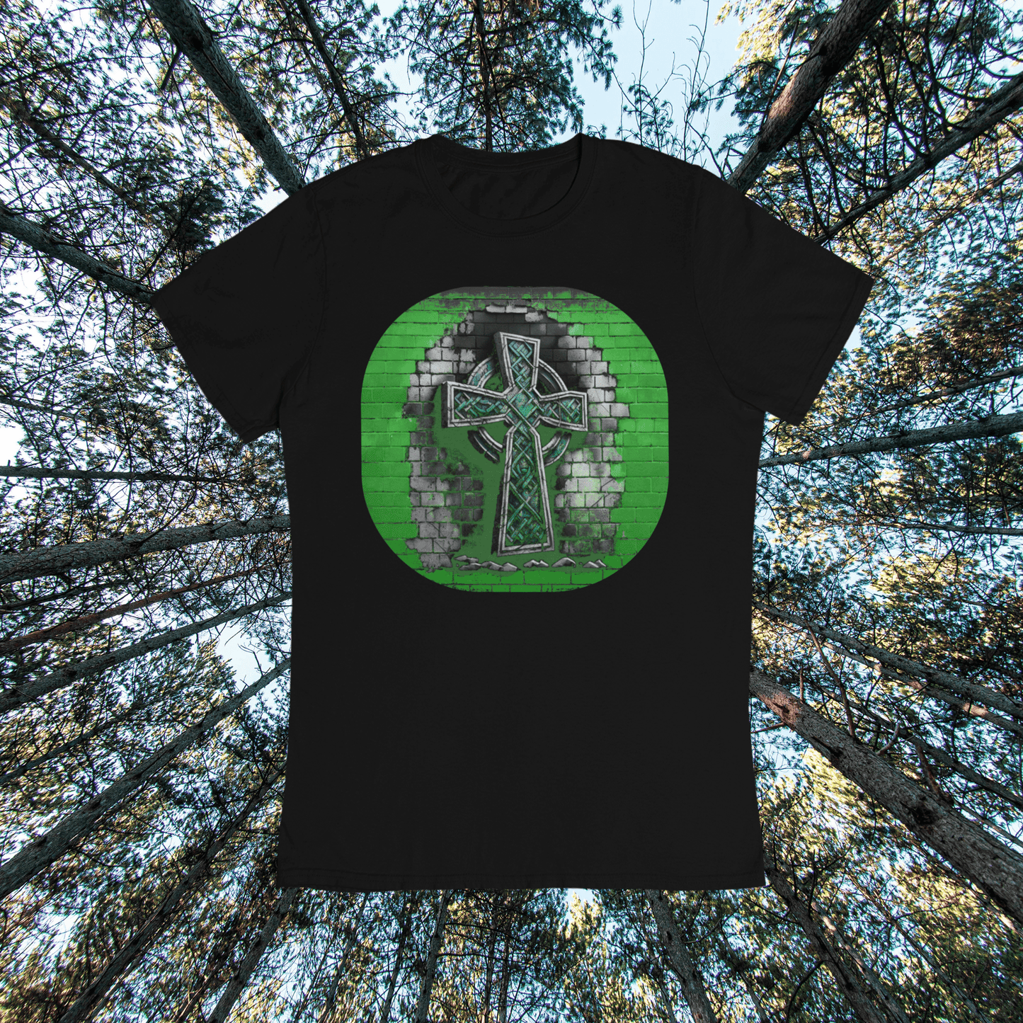 Graphic T-shirt featuring a Celtic cross depicted in graffiti style, with vibrant colors and urban art elements.