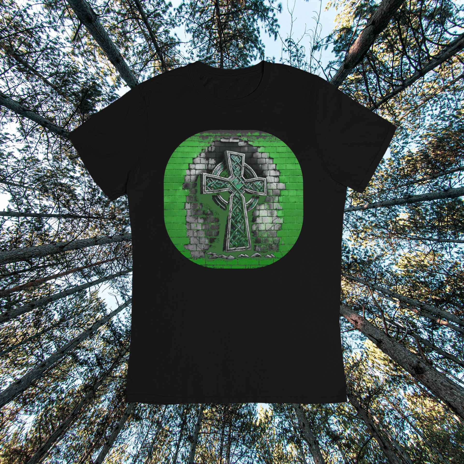 Graphic T-shirt featuring a Celtic cross depicted in graffiti style, with vibrant colors and urban art elements.