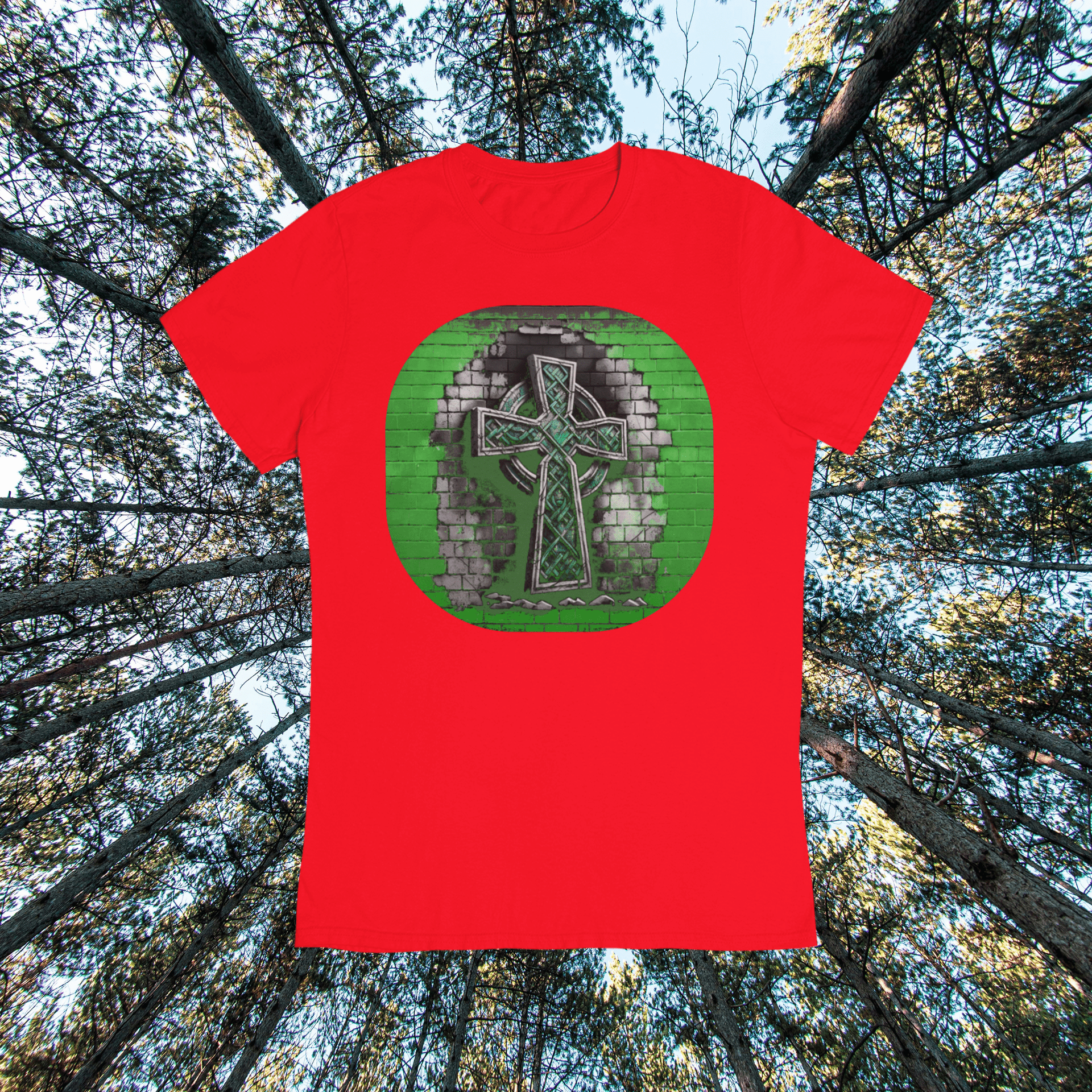 Graphic T-shirt featuring a Celtic cross depicted in graffiti style, with vibrant colors and urban art elements.