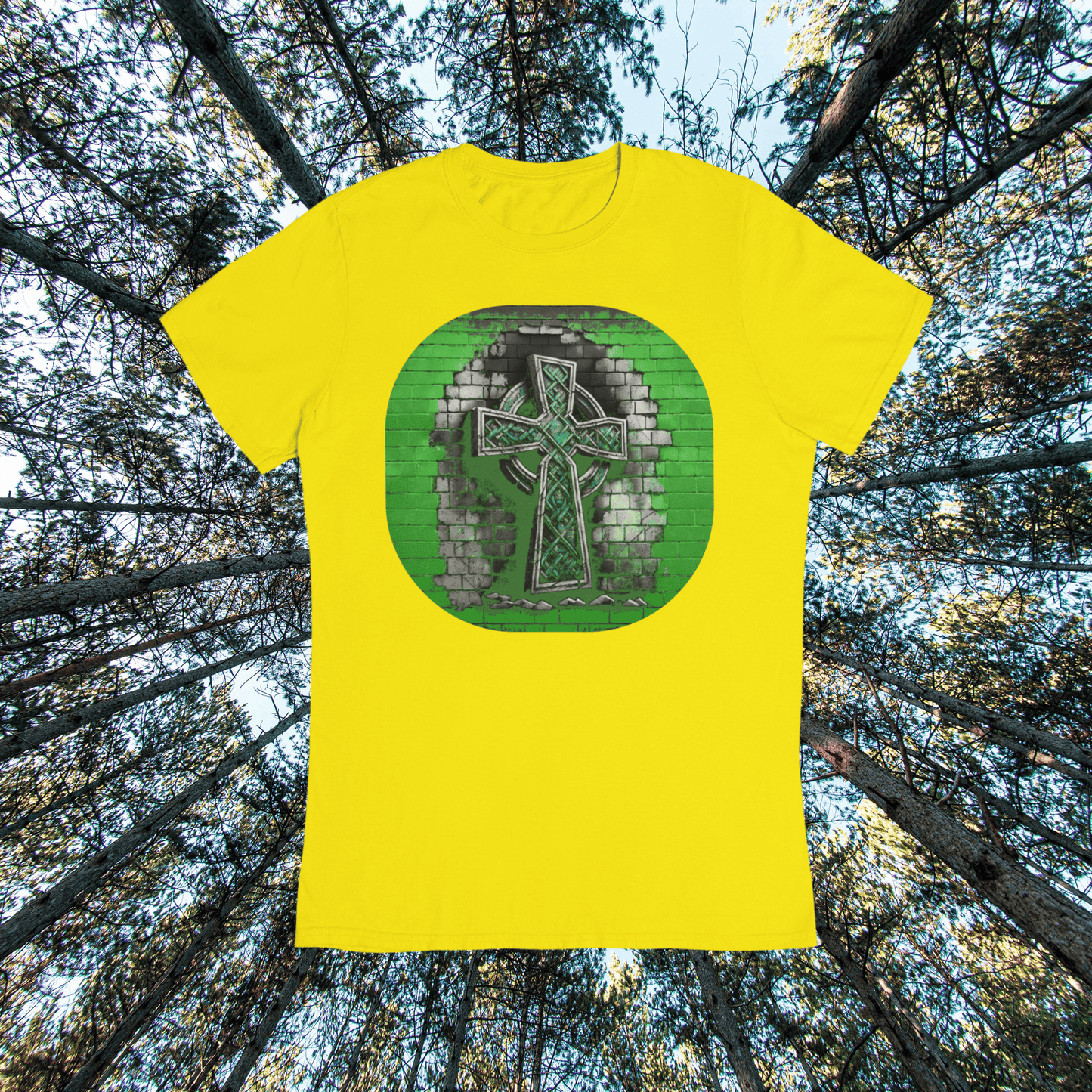 Graphic T-shirt featuring a Celtic cross depicted in graffiti style, with vibrant colors and urban art elements.