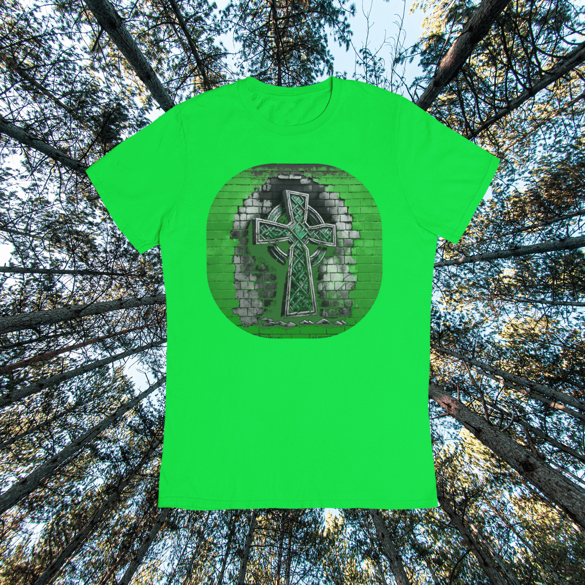 Graphic T-shirt featuring a Celtic cross depicted in graffiti style, with vibrant colors and urban art elements.