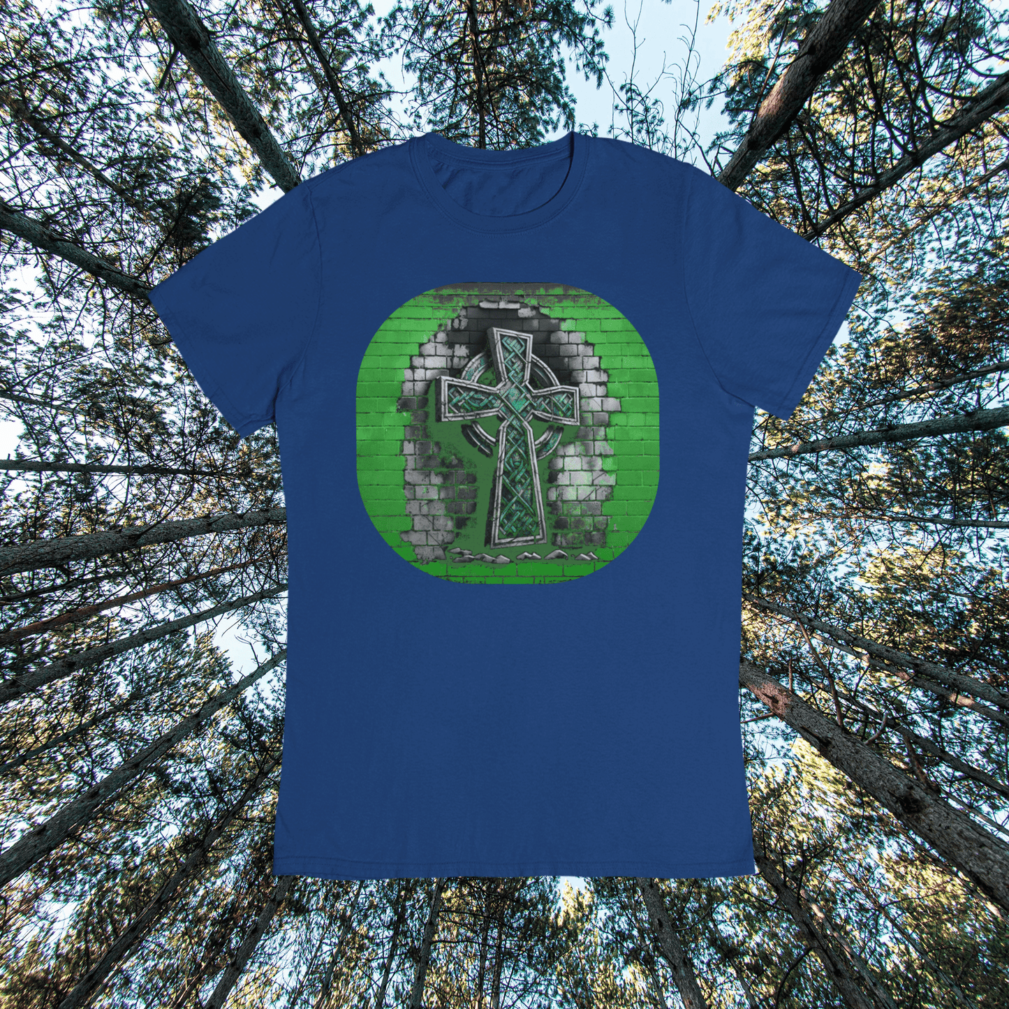 Graphic T-shirt featuring a Celtic cross depicted in graffiti style, with vibrant colors and urban art elements.