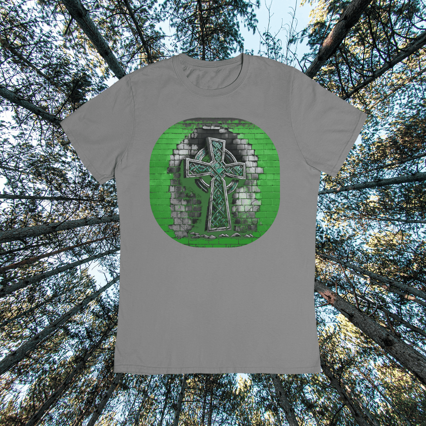 Graphic T-shirt featuring a Celtic cross depicted in graffiti style, with vibrant colors and urban art elements.