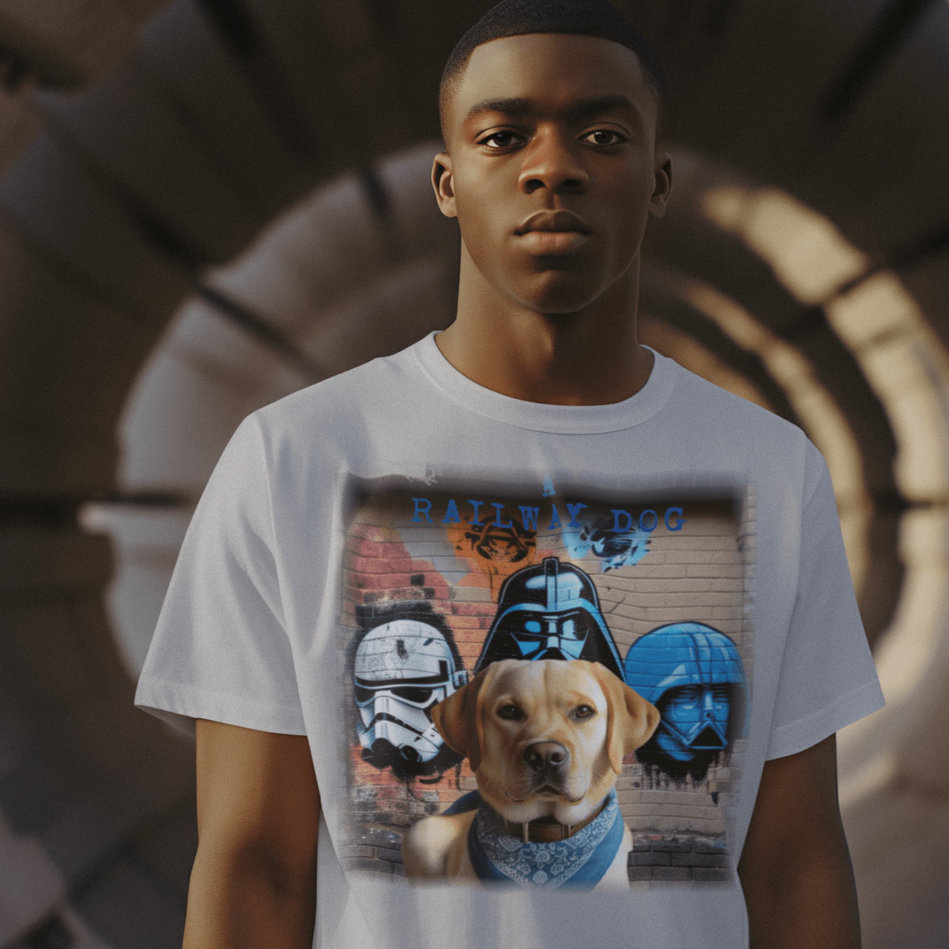 T-shirt featuring a Labrador Retriever dog and a Star Wars theme