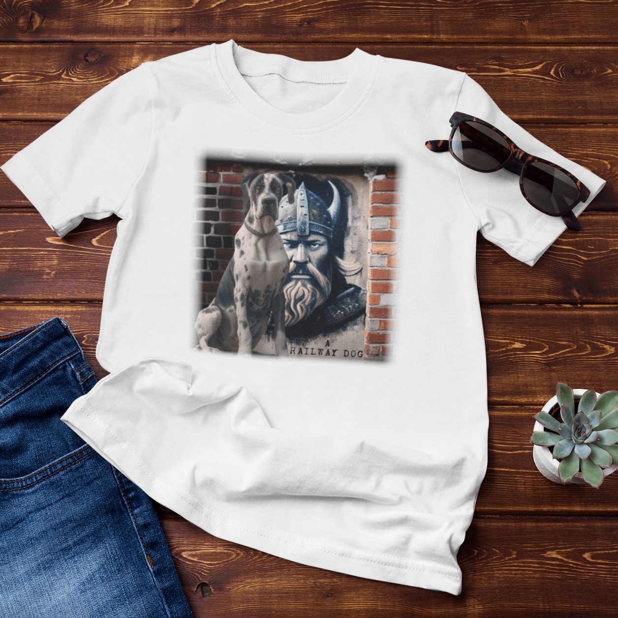 Graphic T-shirt featuring a Great Dane and a Viking, embodying strength and valor in an artistic design.