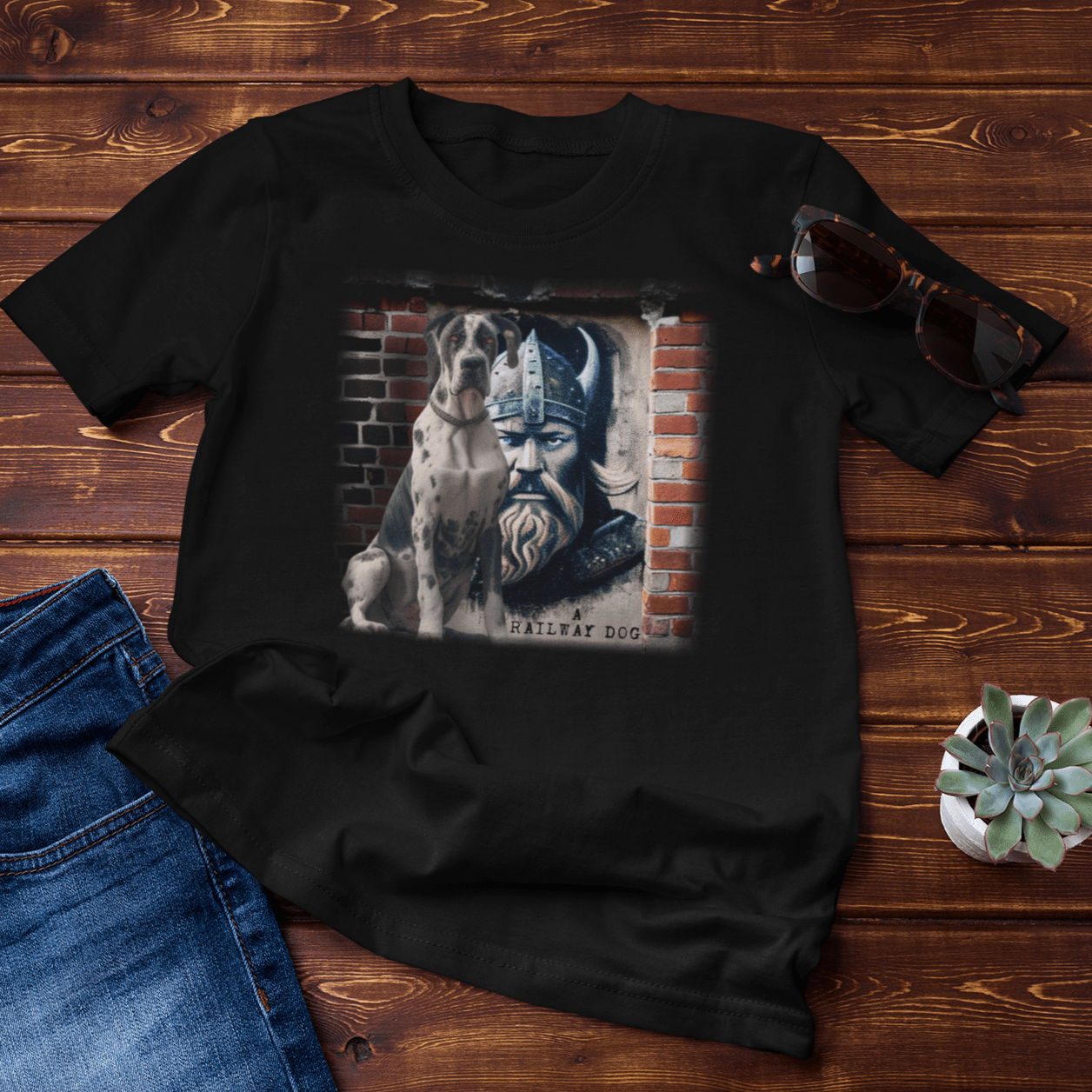 Graphic T-shirt featuring a Great Dane and a Viking, embodying strength and valor in an artistic design.