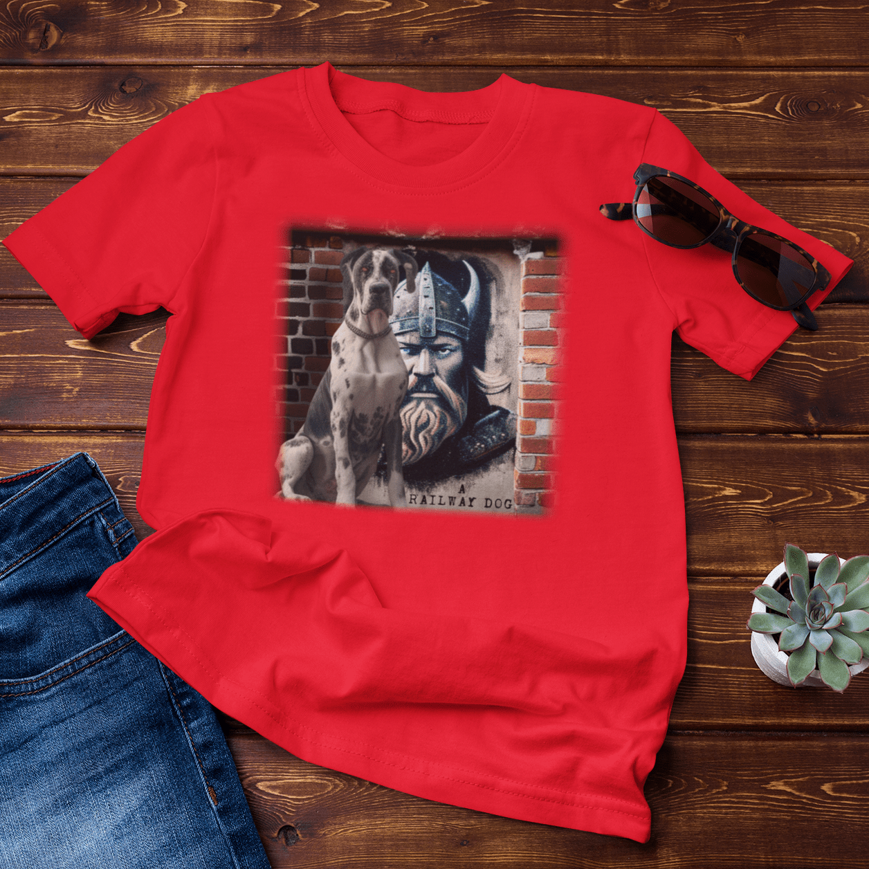 Graphic T-shirt featuring a Great Dane and a Viking, embodying strength and valor in an artistic design.