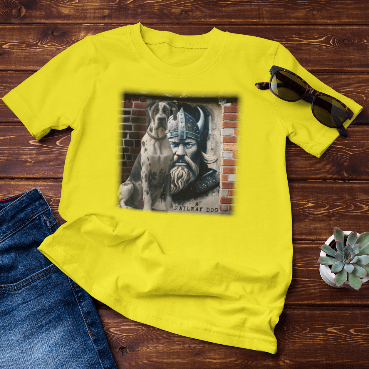 Graphic T-shirt featuring a Great Dane and a Viking, embodying strength and valor in an artistic design.