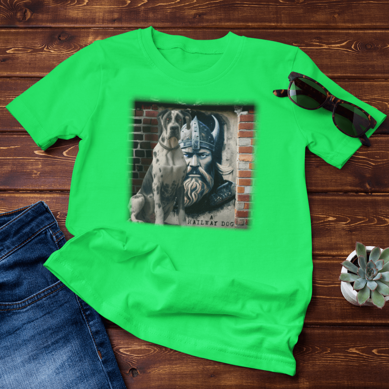 Graphic T-shirt featuring a Great Dane and a Viking, embodying strength and valor in an artistic design.
