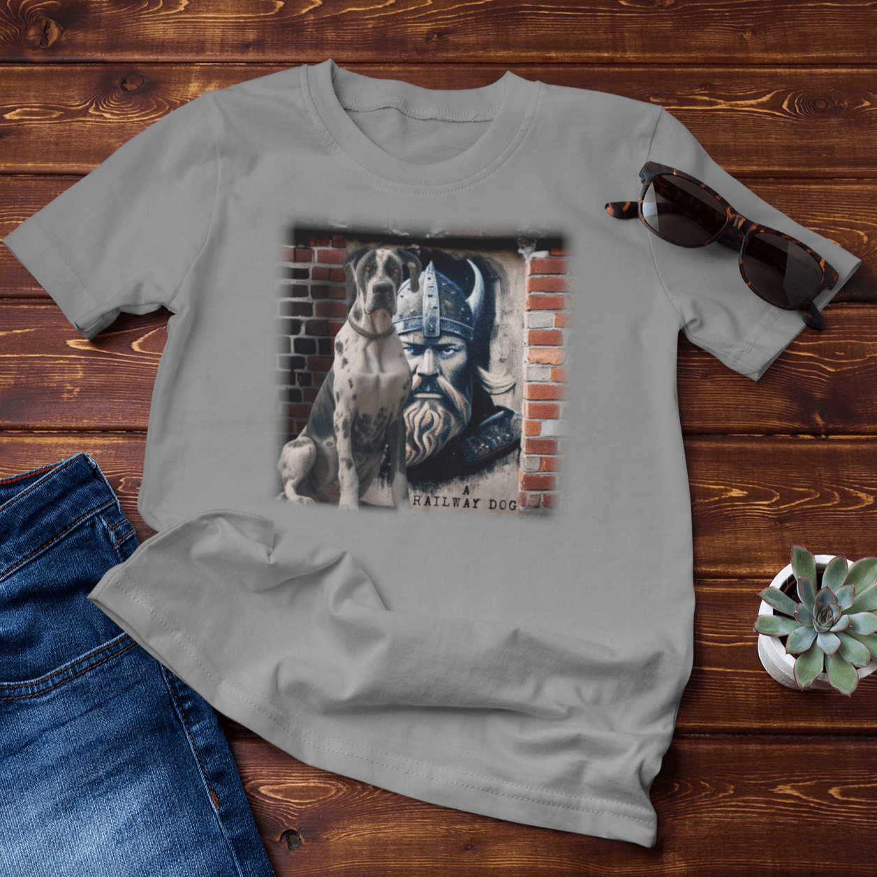 Graphic T-shirt featuring a Great Dane and a Viking, embodying strength and valor in an artistic design.