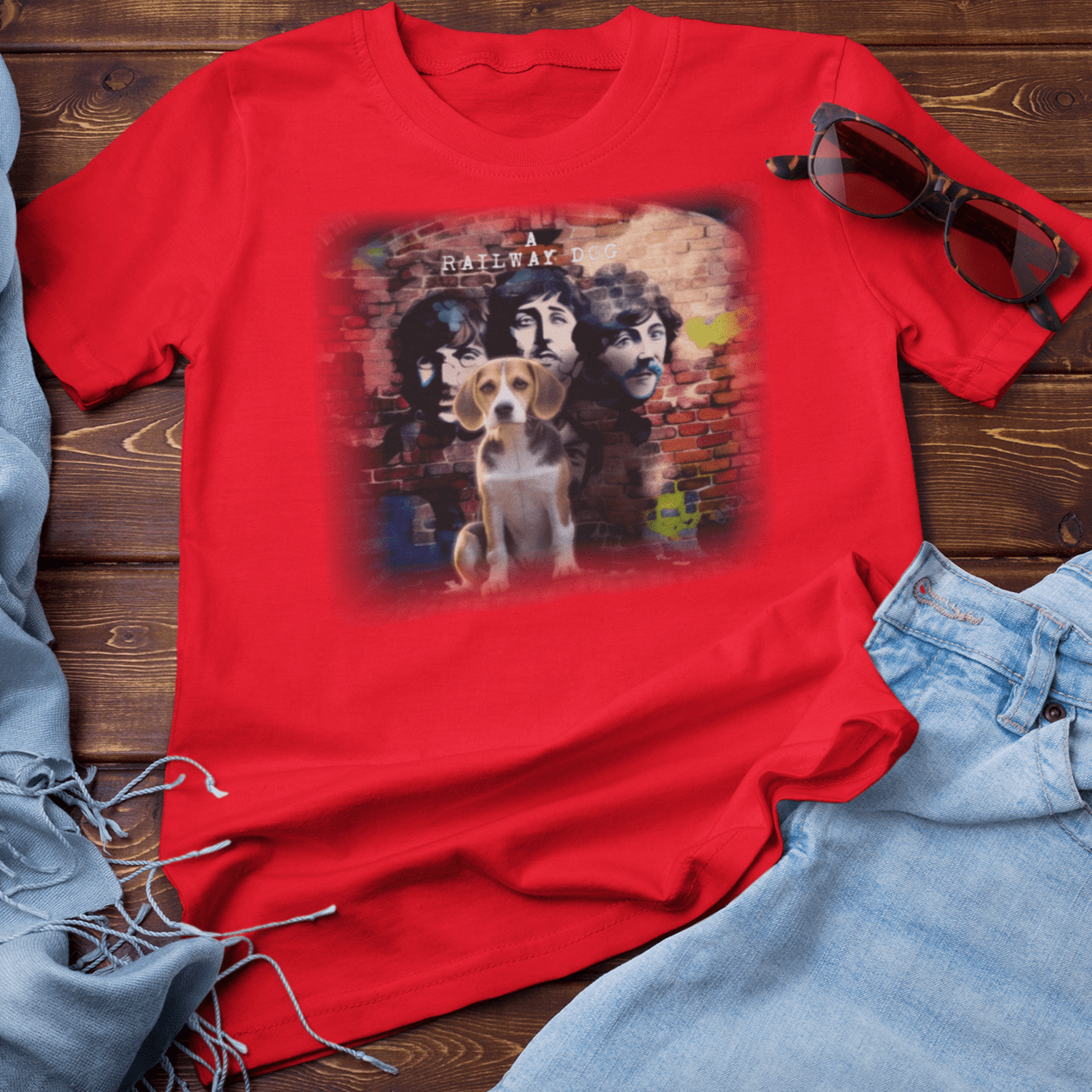 T-shirt featuring a Beagle dog and The Beatles.