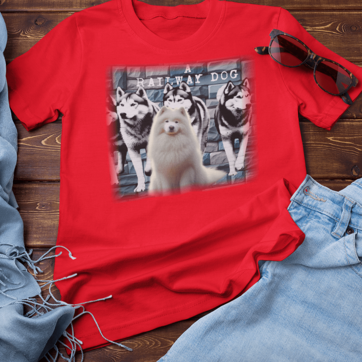 A white Samoyed dog with a thick, fluffy coat, featured on a t-shirt.