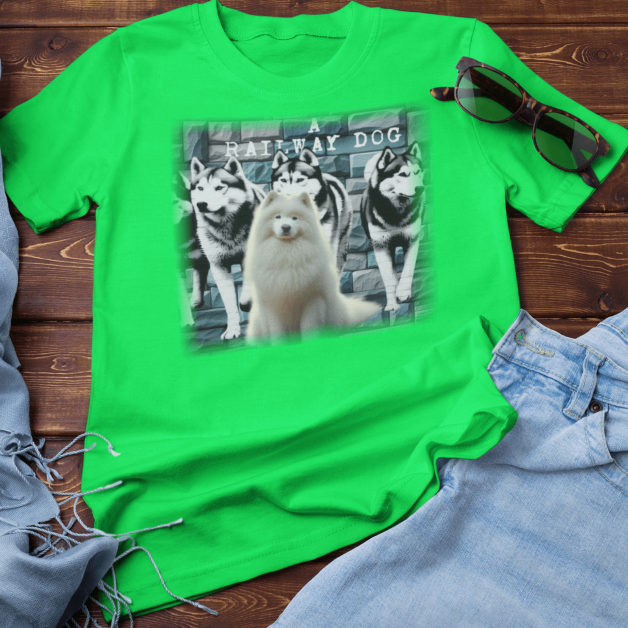 A white Samoyed dog with a thick, fluffy coat, featured on a t-shirt.