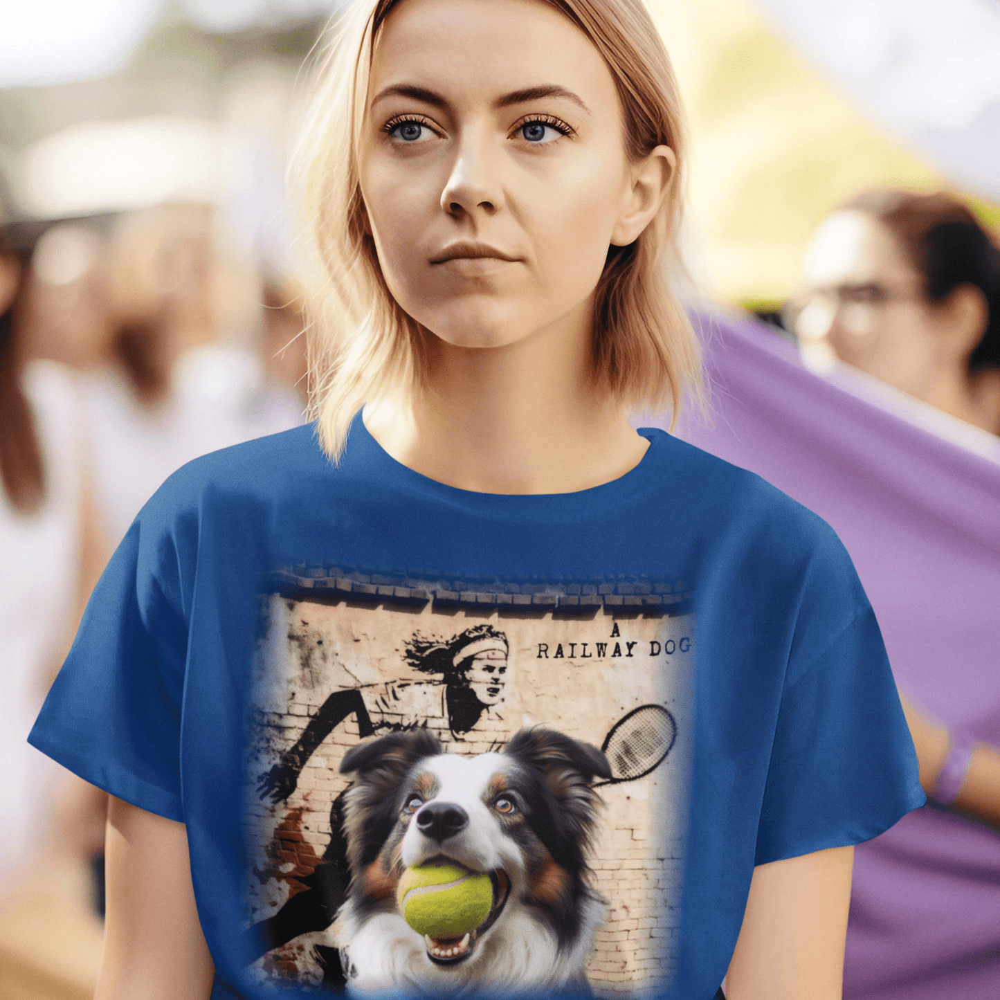 Image of a Border Collie dog with a distinctive black and white coat on a t-shirt