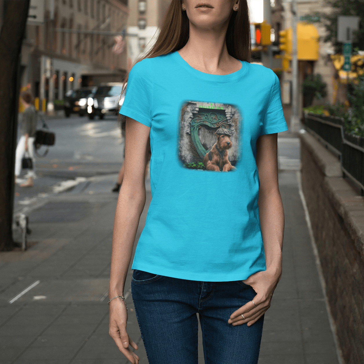 A lively Irish Terrier, known for its spirited personality and distinctive red coat, featured on a t-shirt.