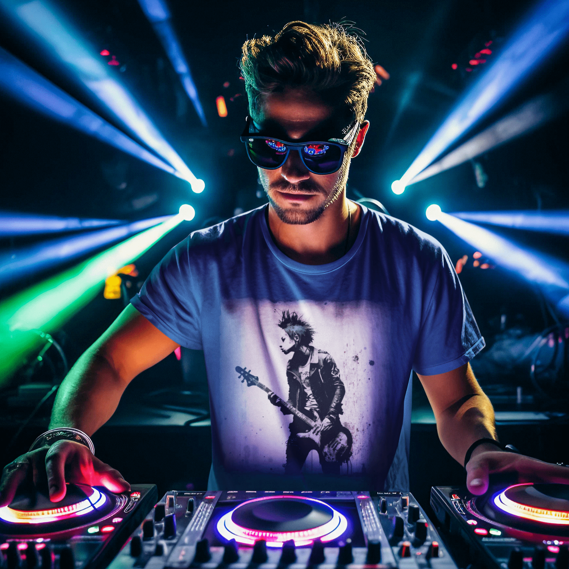 T-shirt featuring a punk rock bass guitarist.