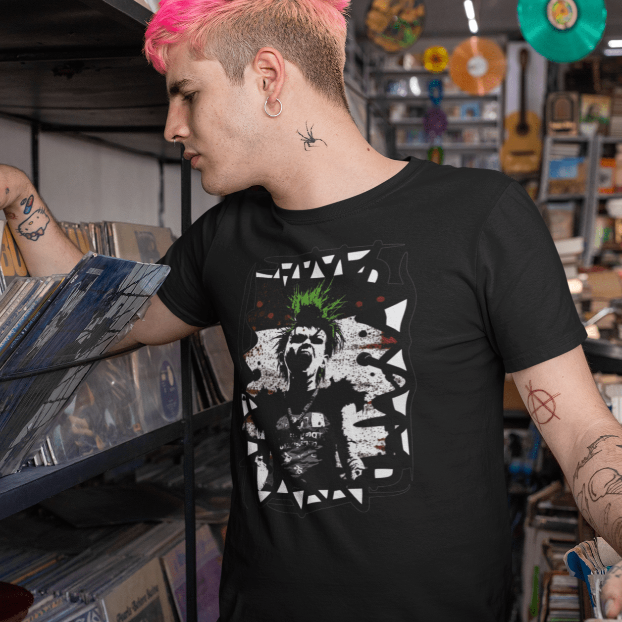 t-shirt featuring a bold graphic of a punk singer with spiked hair, holding a microphone and singing passionately.