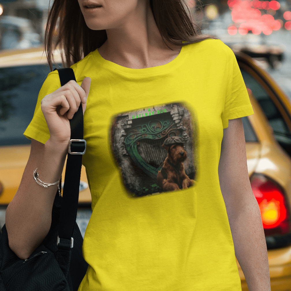 A lively Irish Terrier, known for its spirited personality and distinctive red coat, featured on a t-shirt.