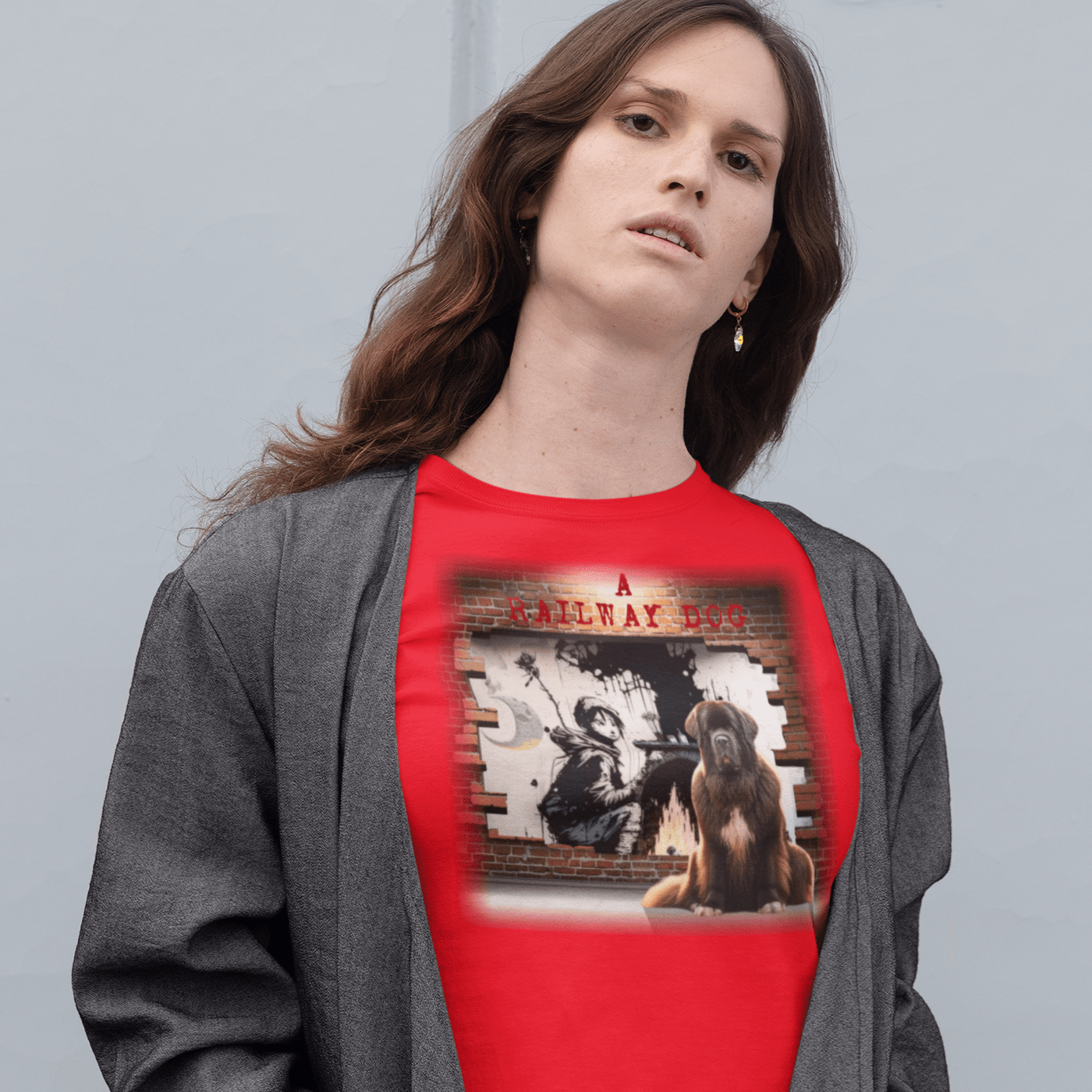 T-shirt with a graphic image of a Newfoundland dog.
