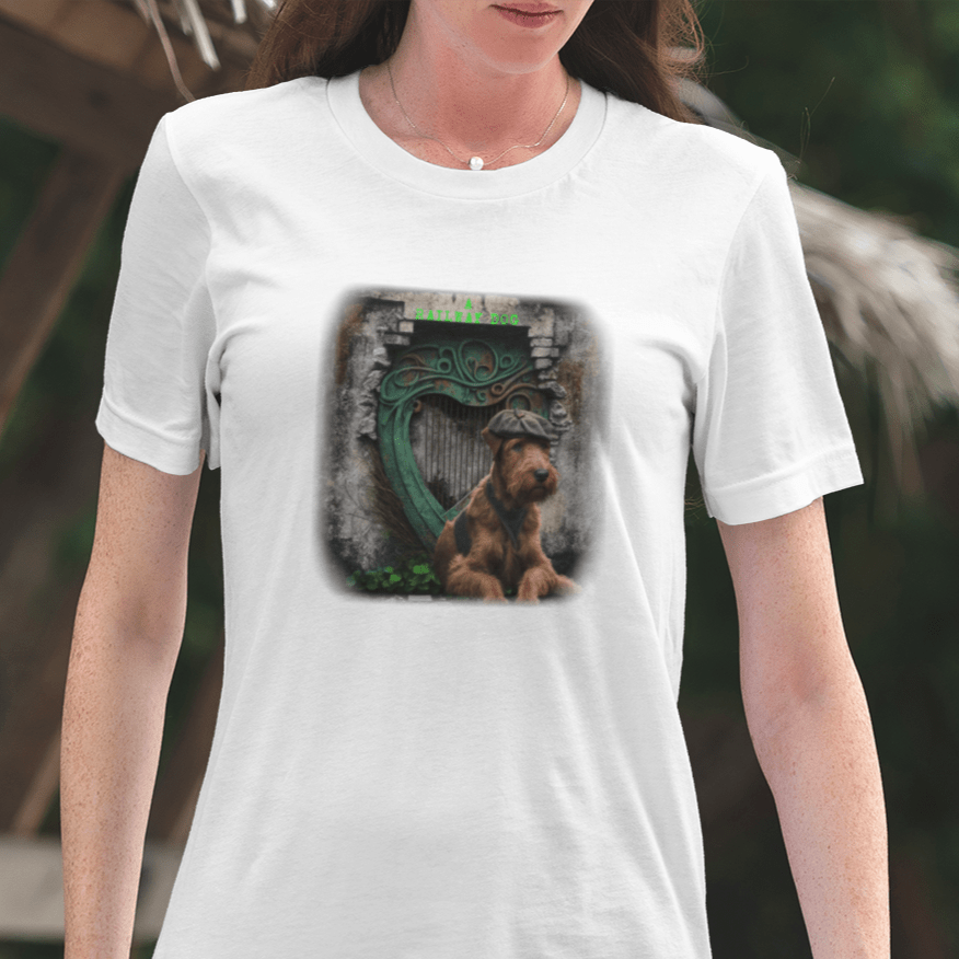 A lively Irish Terrier, known for its spirited personality and distinctive red coat, featured on a t-shirt.