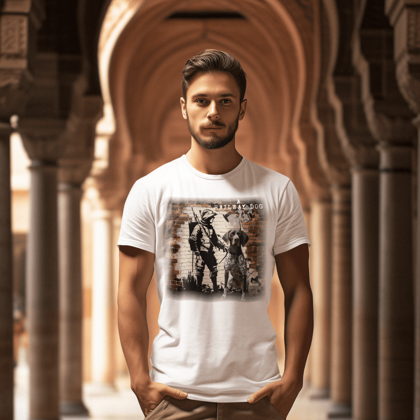 T-shirt with a graphic image of a German Shorthaired Pointer dog.