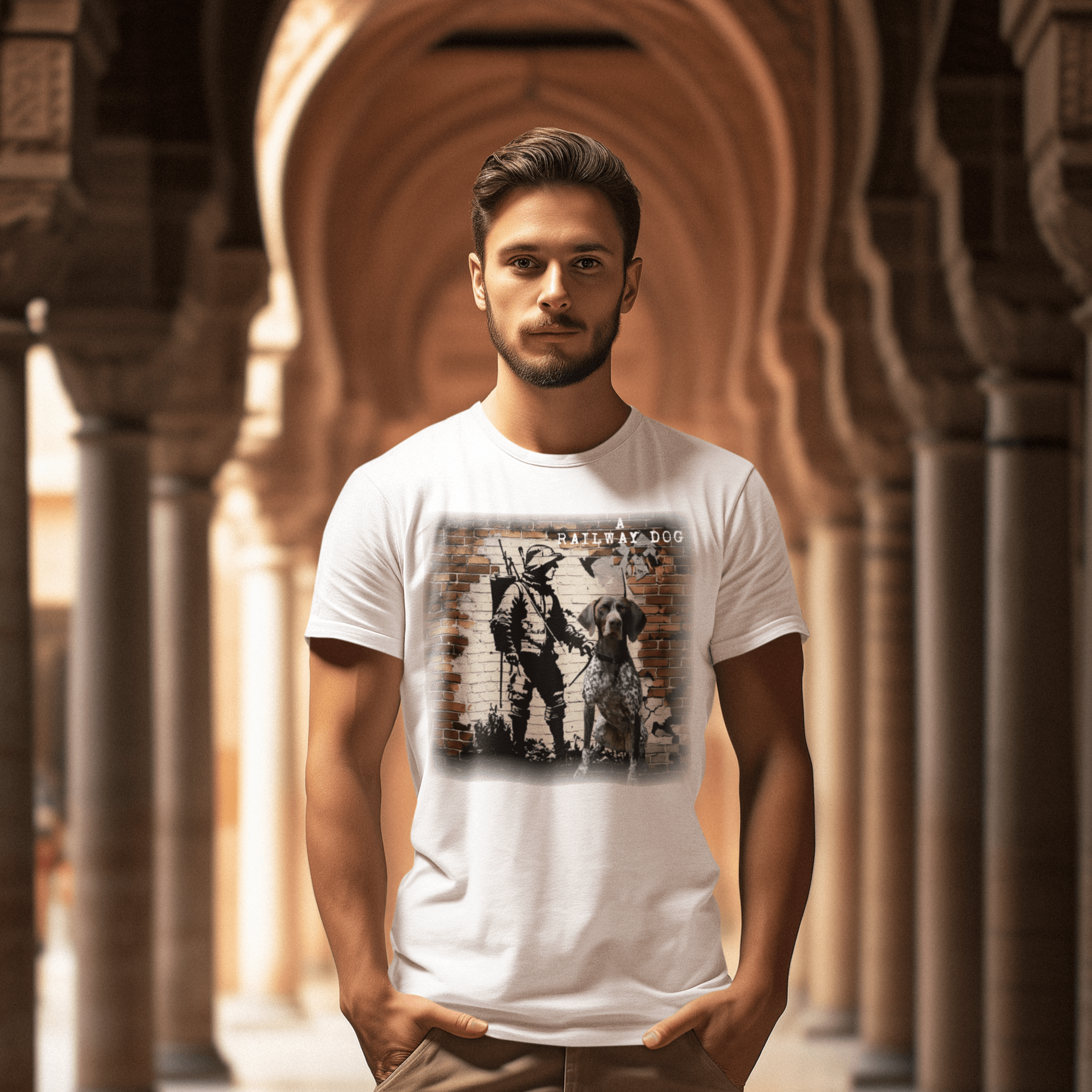 T-shirt with a graphic image of a German Shorthaired Pointer dog.
