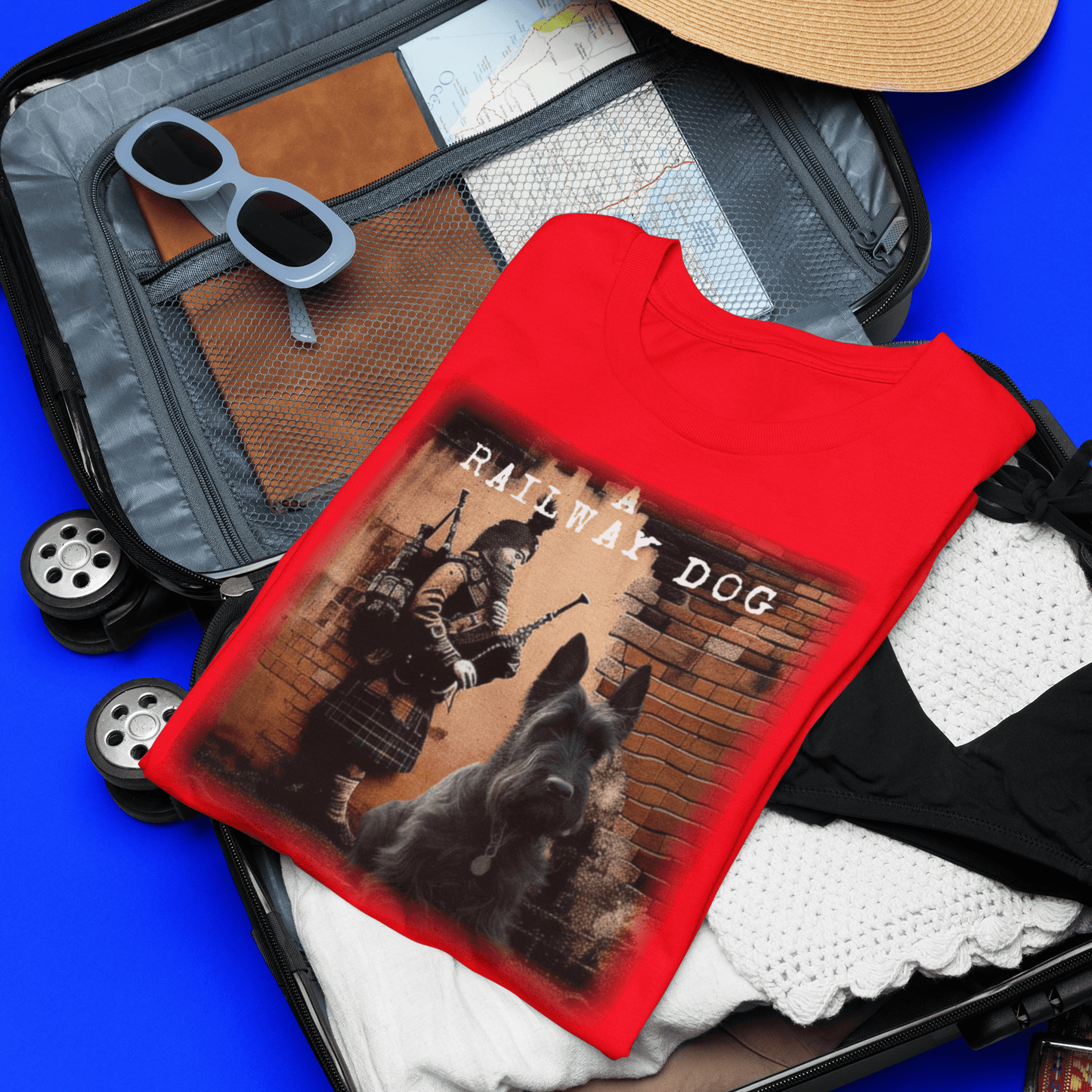 T-shirt featuring a graphic image of a Scottish Terrier dog.